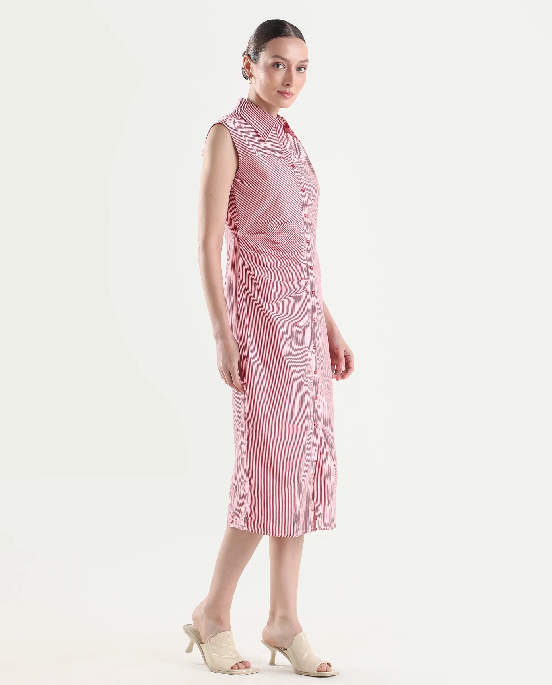 Rareism Women's Avoca Red Cotton Half Sleeve Fitted Striped Dresas