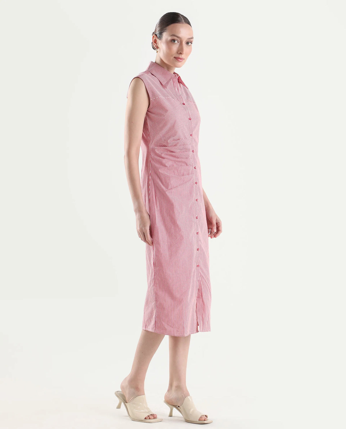 Rareism Women's Avoca Red Cotton Half Sleeve Fitted Striped Dresas