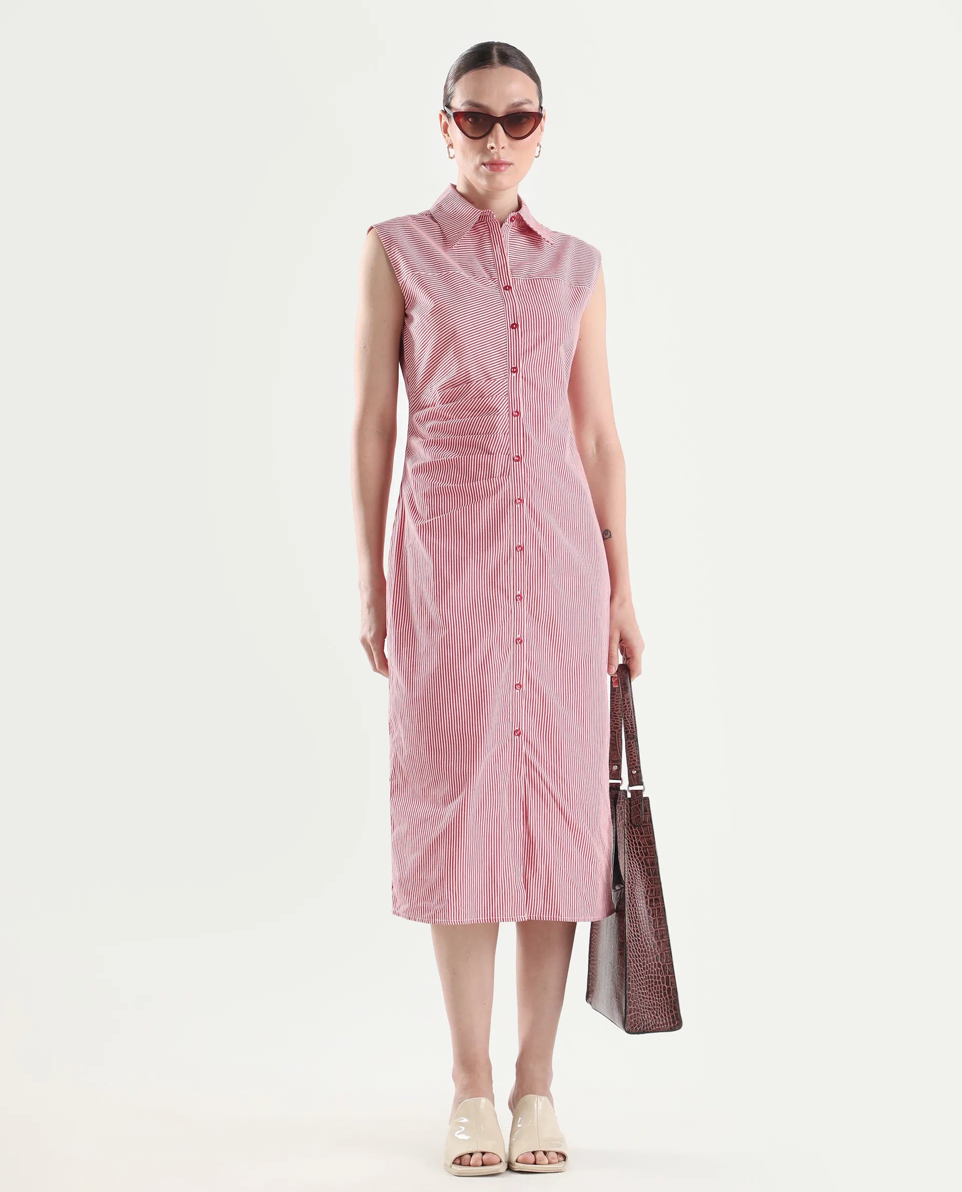 Rareism Women's Avoca Red Cotton Half Sleeve Fitted Striped Dresas