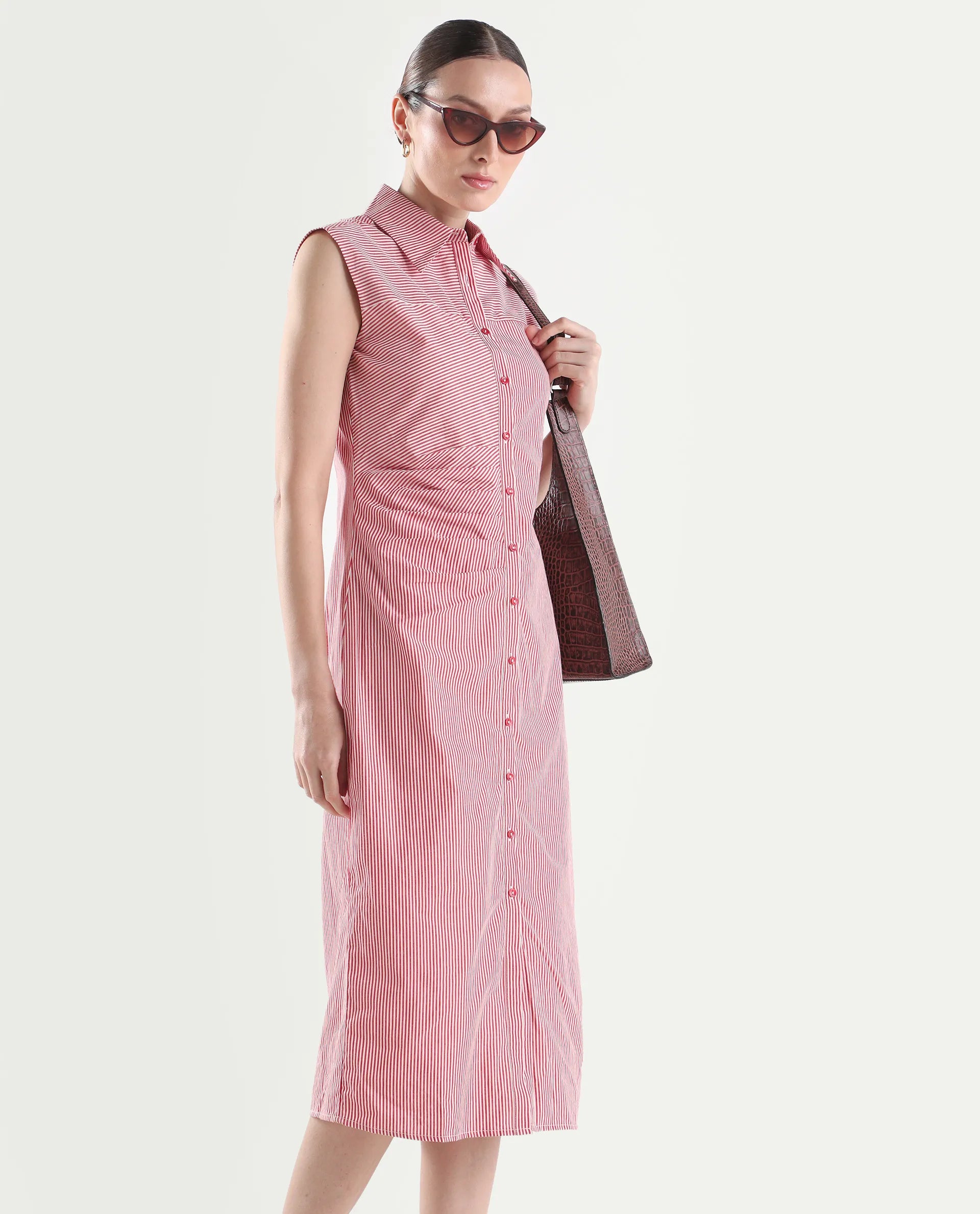 Rareism Women's Avoca Red Cotton Half Sleeve Fitted Striped Dresas