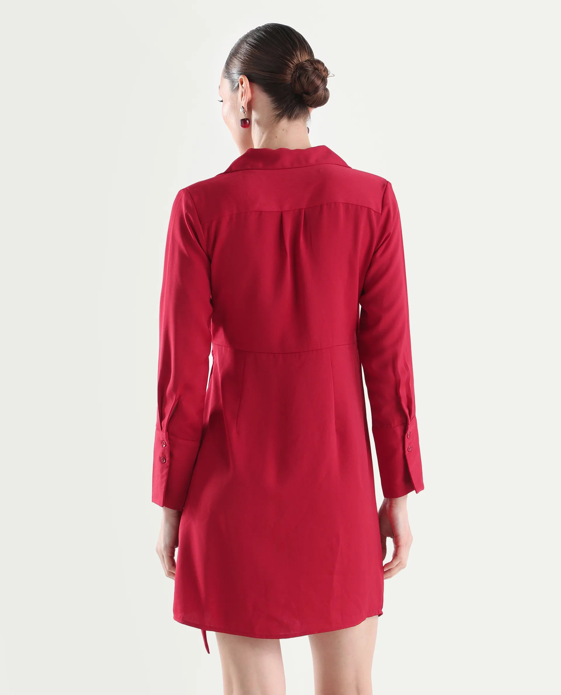 Rareism Women's Axela Red Polyester Full Sleeve Wrap Plain Dress