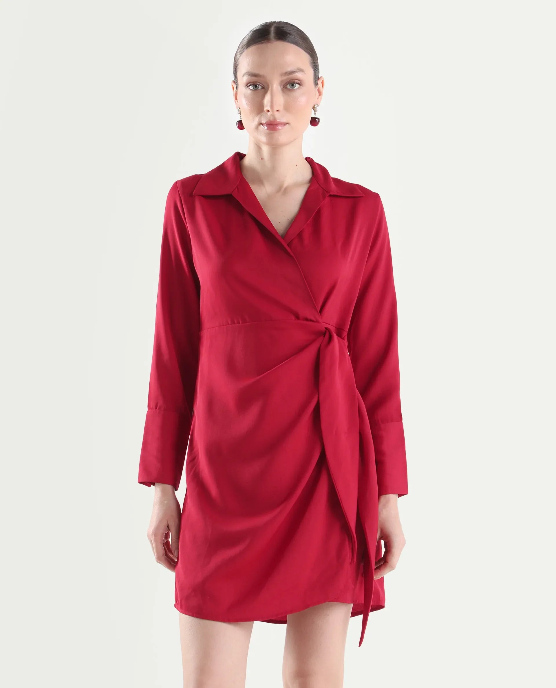 Rareism Women's Axela Red Polyester Full Sleeve Wrap Plain Dress