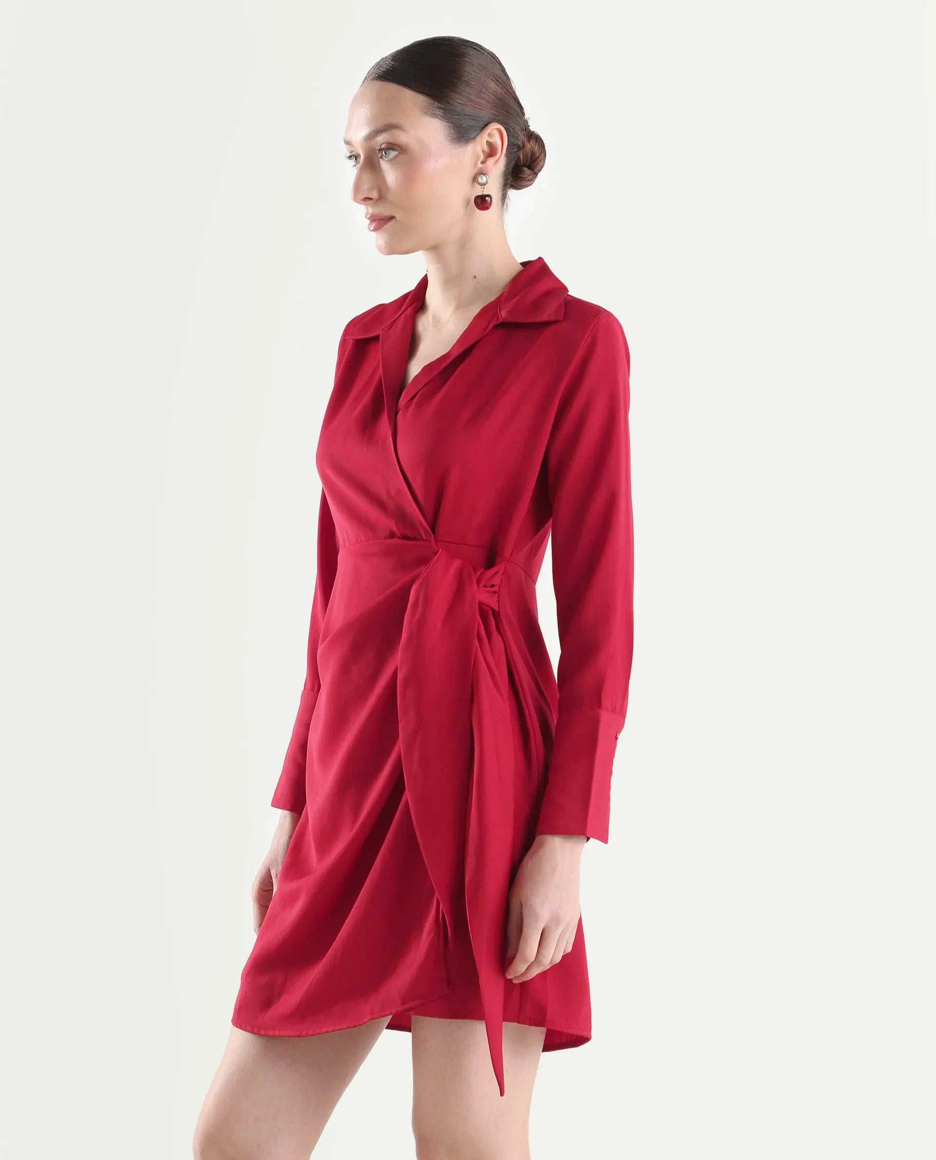 Rareism Women's Axela Red Polyester Full Sleeve Wrap Plain Dress