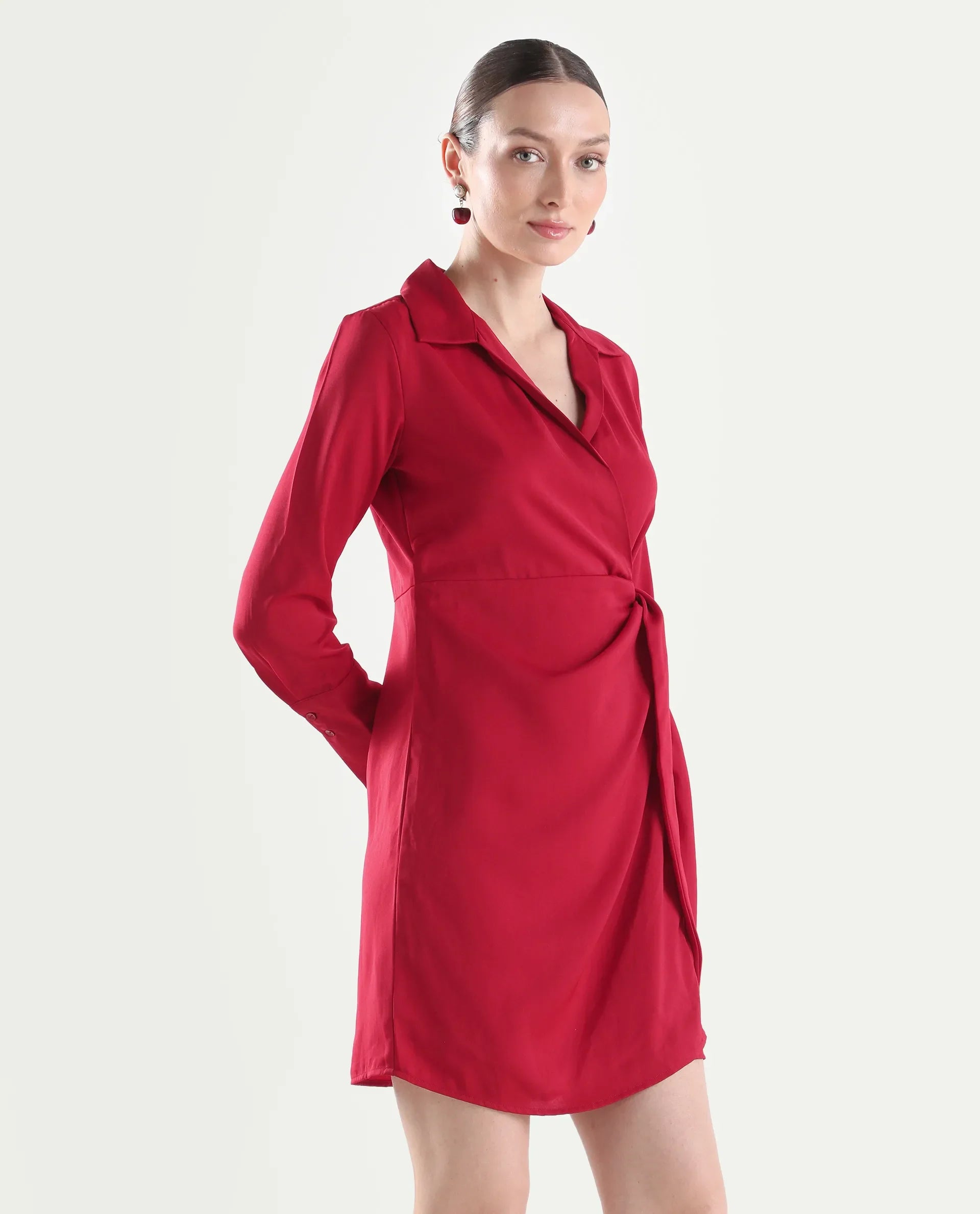 Rareism Women's Axela Red Polyester Full Sleeve Wrap Plain Dress