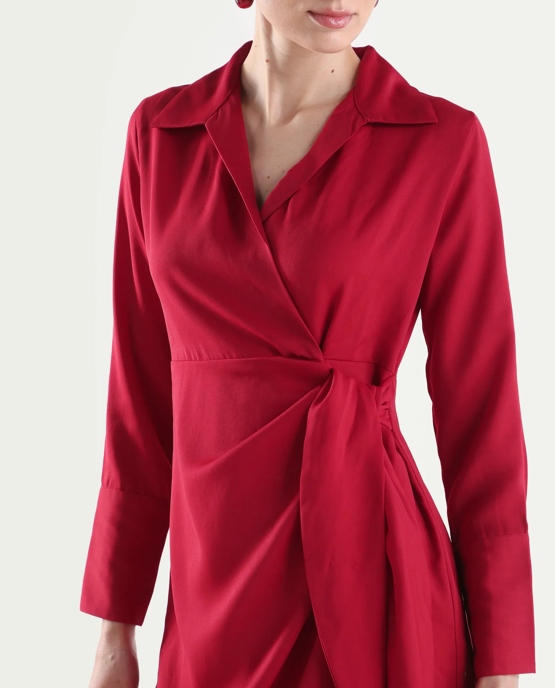 Rareism Women's Axela Red Polyester Full Sleeve Wrap Plain Dress