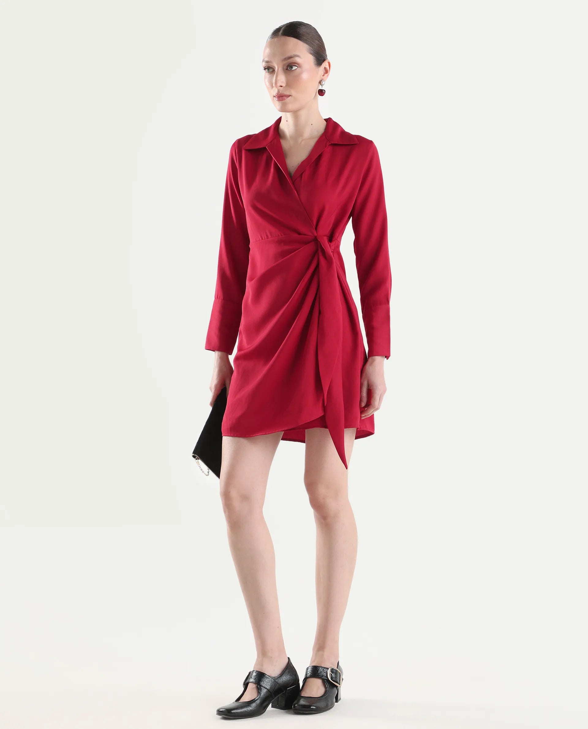 Rareism Women's Axela Red Polyester Full Sleeve Wrap Plain Dress