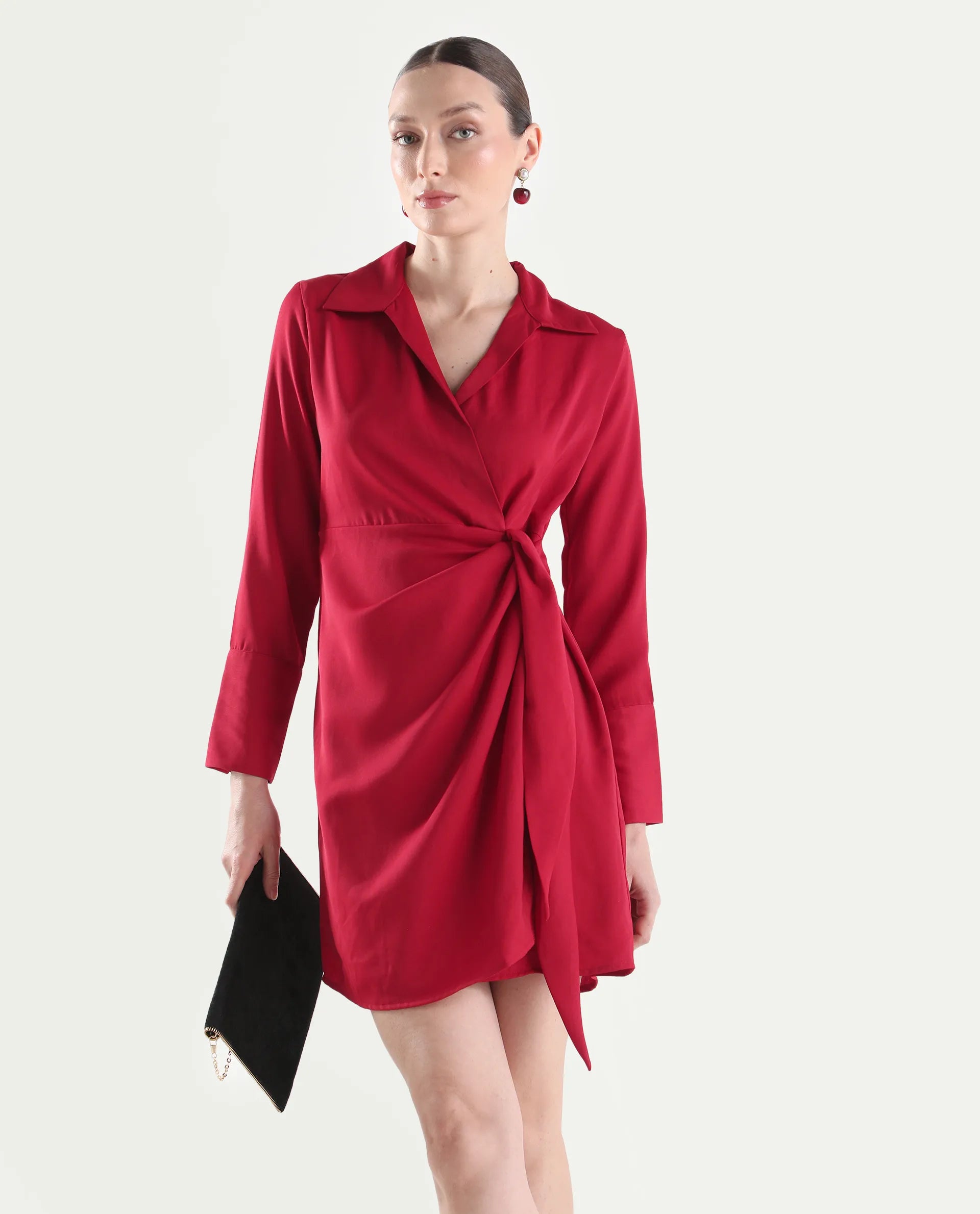 Rareism Women's Axela Red Polyester Full Sleeve Wrap Plain Dress