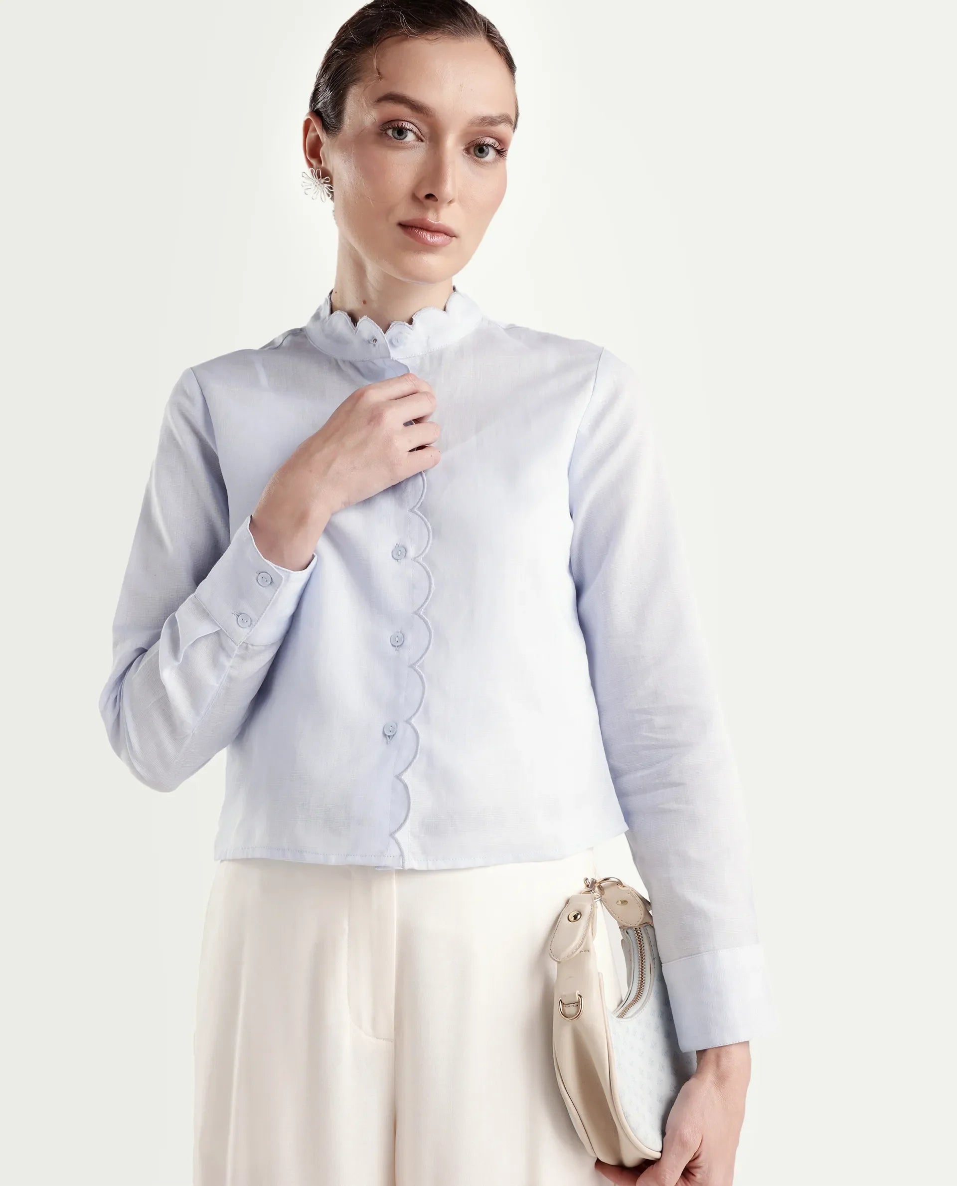 Rareism Women's Azali Light Blue Linen Blend Full Sleeve Regular Fit Plain Shirt