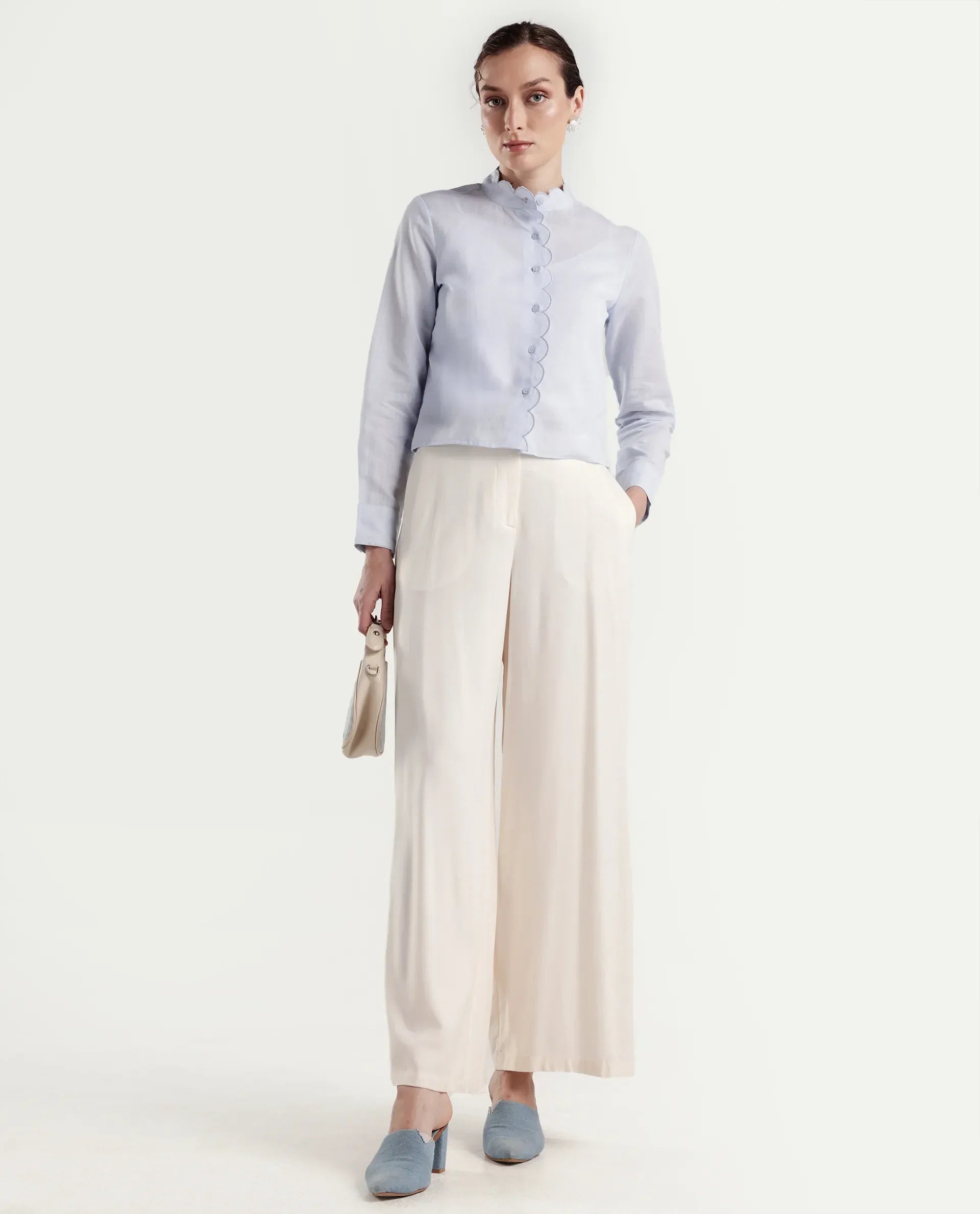 Rareism Women's Azali Light Blue Linen Blend Full Sleeve Regular Fit Plain Shirt