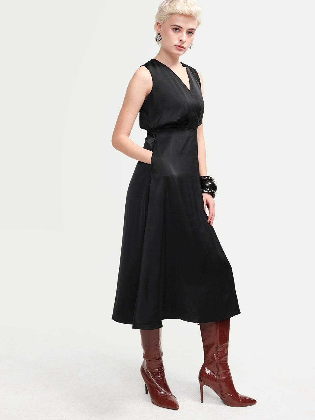Rareism Women's Calen Black Polyester Sleeveless A-Line Plain Dress