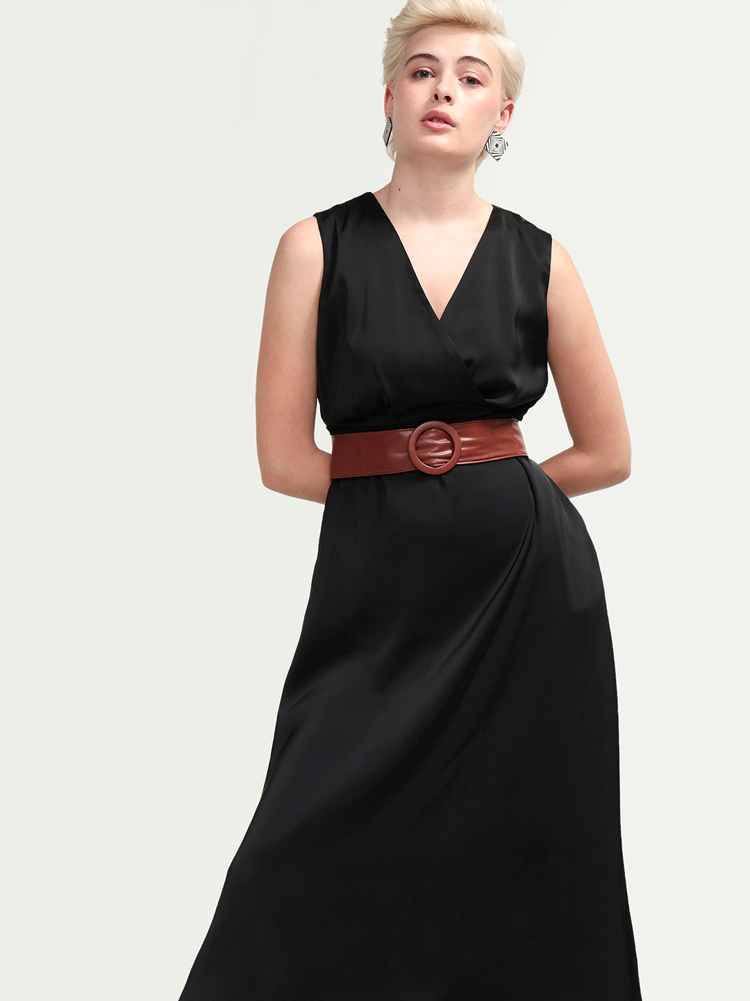 Rareism Women's Calen Black Cotton Satin Sleeveless A-Line Plain Dress