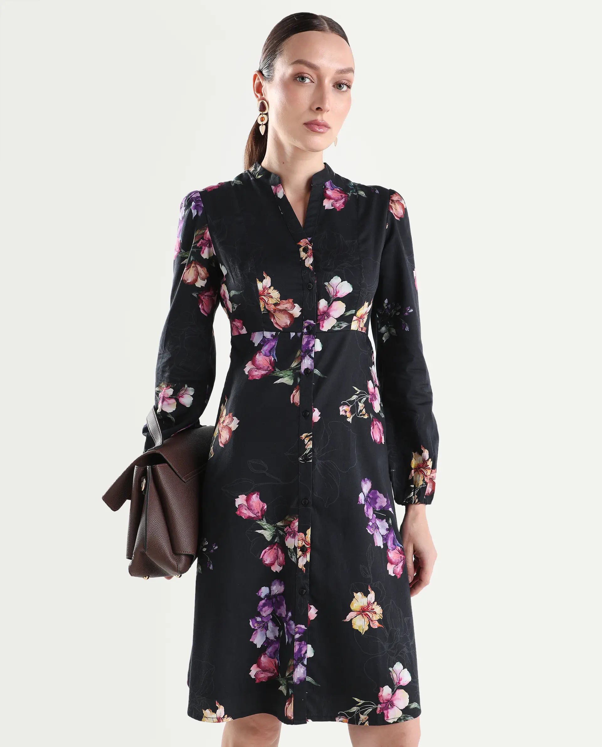 Rareism Women's Calin Black Cotton Satin Full Sleeve A-Line Floral Print Dress