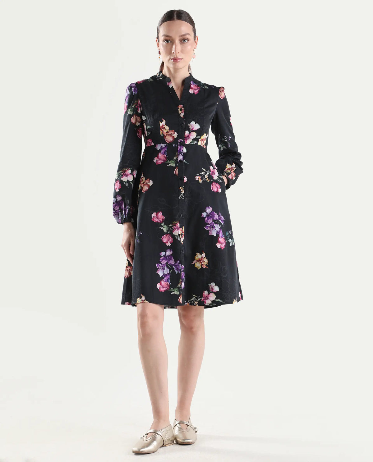 Rareism Women's Calin Black Cotton Satin Full Sleeve A-Line Floral Print Dress