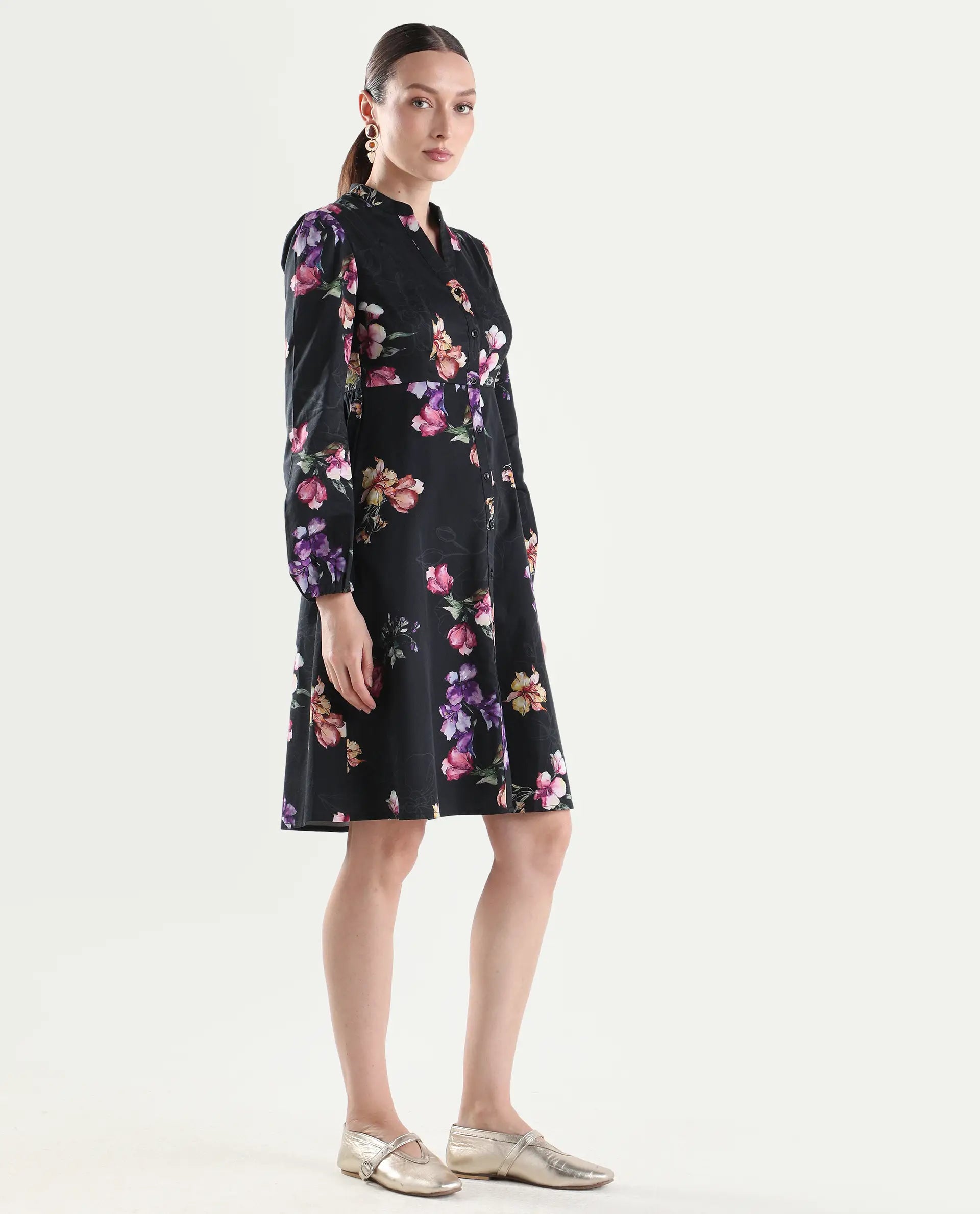 Rareism Women's Calin Black Cotton Satin Full Sleeve A-Line Floral Print Dress
