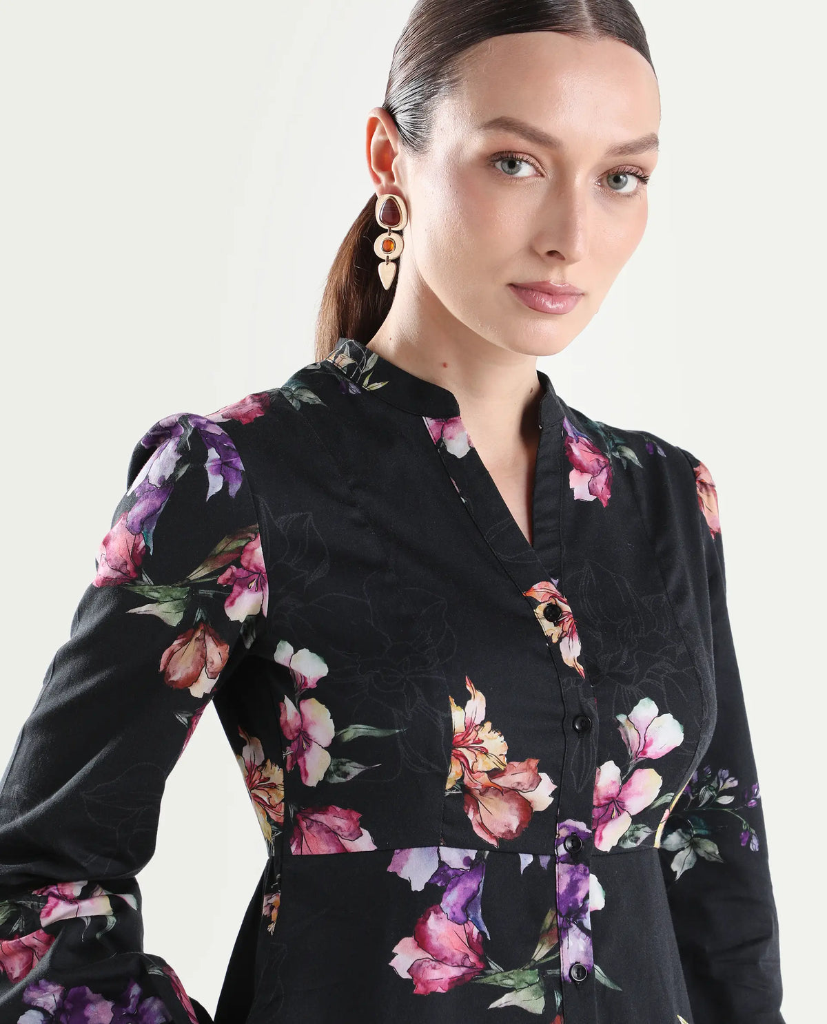 Rareism Women's Calin Black Cotton Satin Full Sleeve A-Line Floral Print Dress