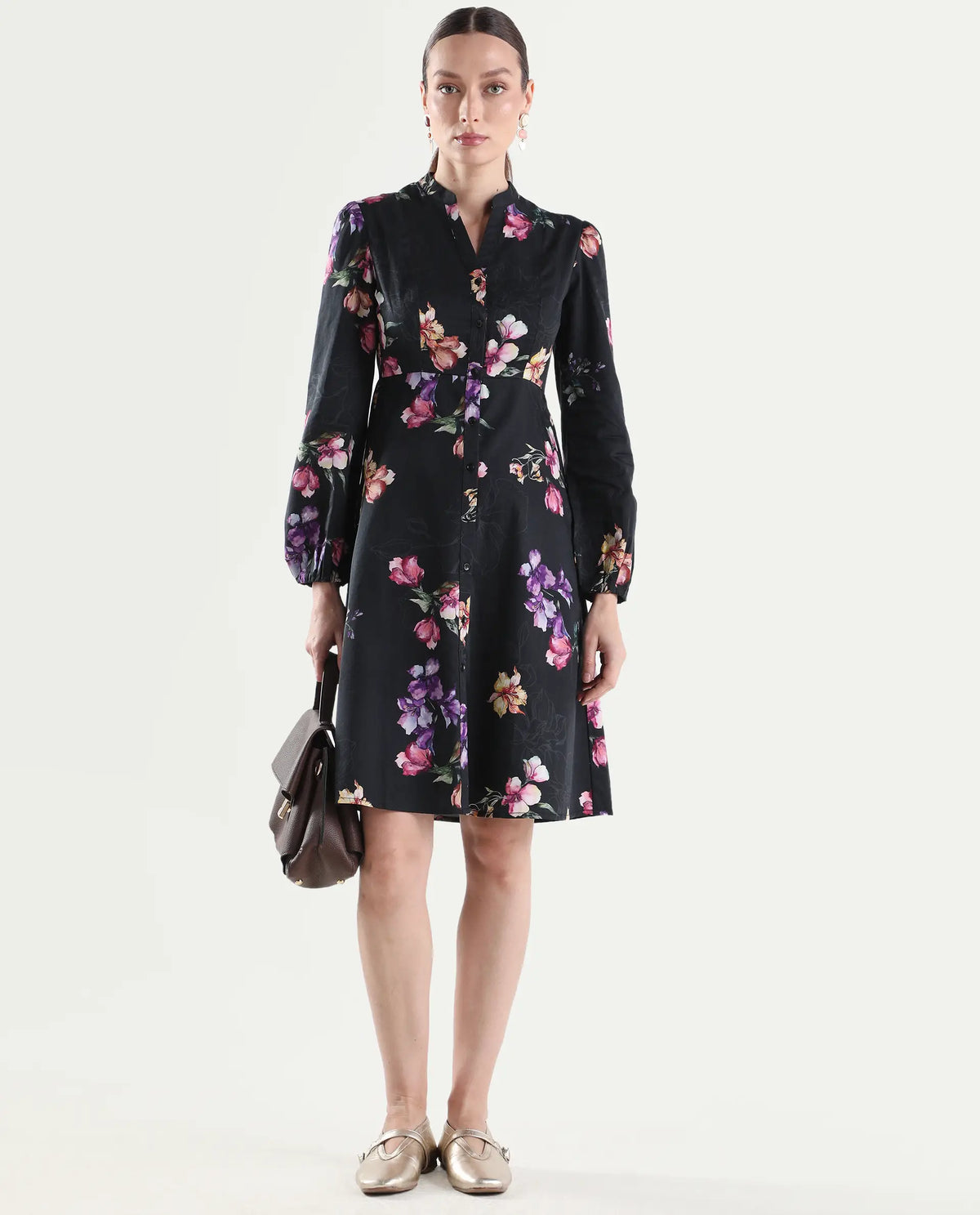 Rareism Women's Calin Black Cotton Satin Full Sleeve A-Line Floral Print Dress
