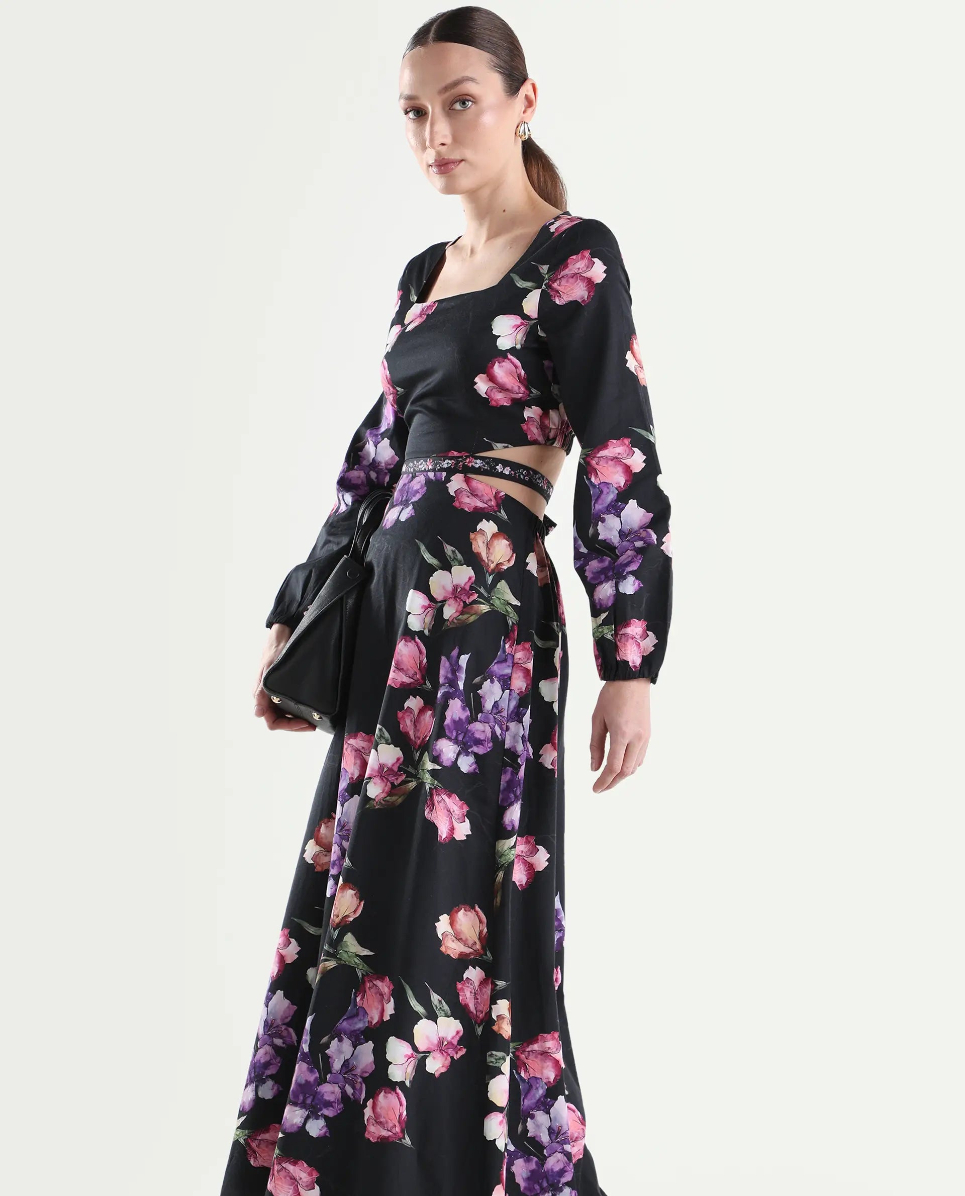 Rareism Women's Cally Black Cotton Full Sleeve Fit And Flare Floral Print Dress