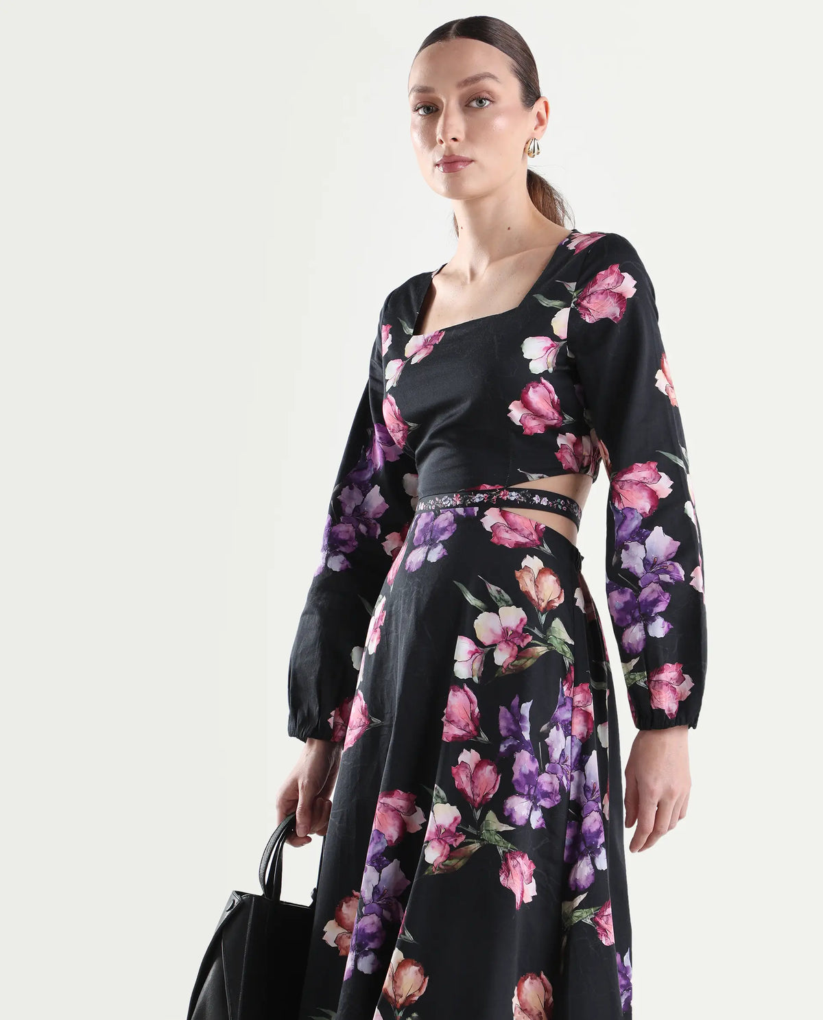 Rareism Women's Cally Black Cotton Full Sleeve Fit And Flare Floral Print Dress