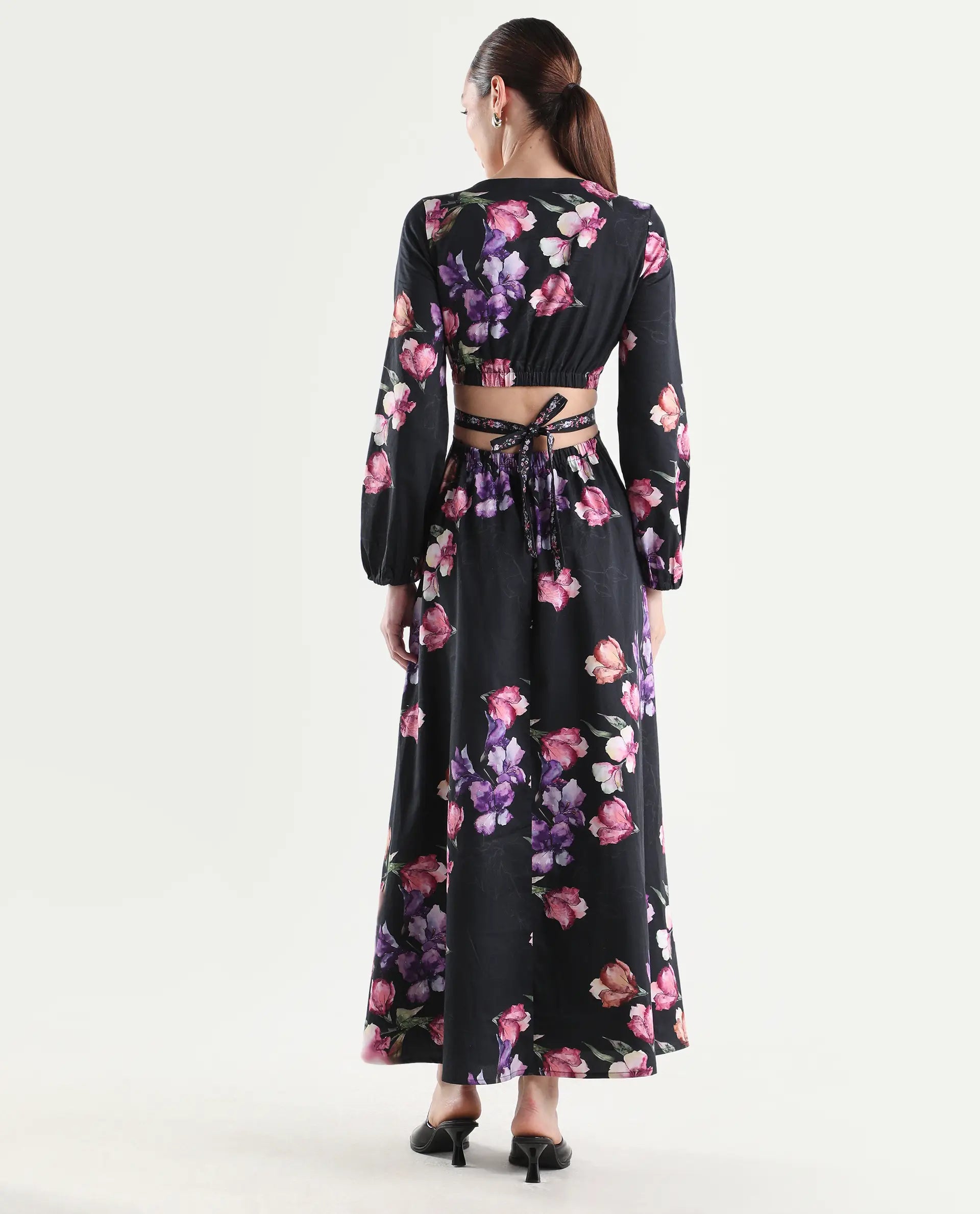 Rareism Women's Cally Black Cotton Full Sleeve Fit And Flare Floral Print Dress