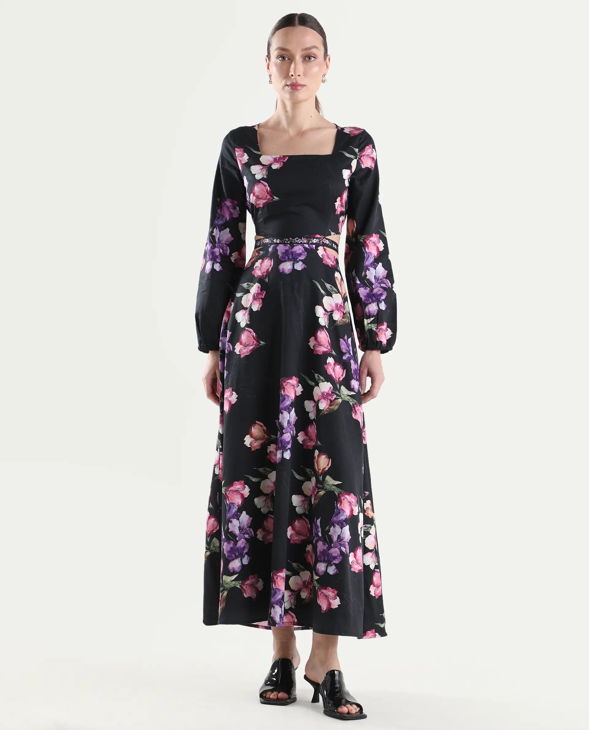 Rareism Women's Cally Black Cotton Full Sleeve Fit And Flare Floral Print Dress