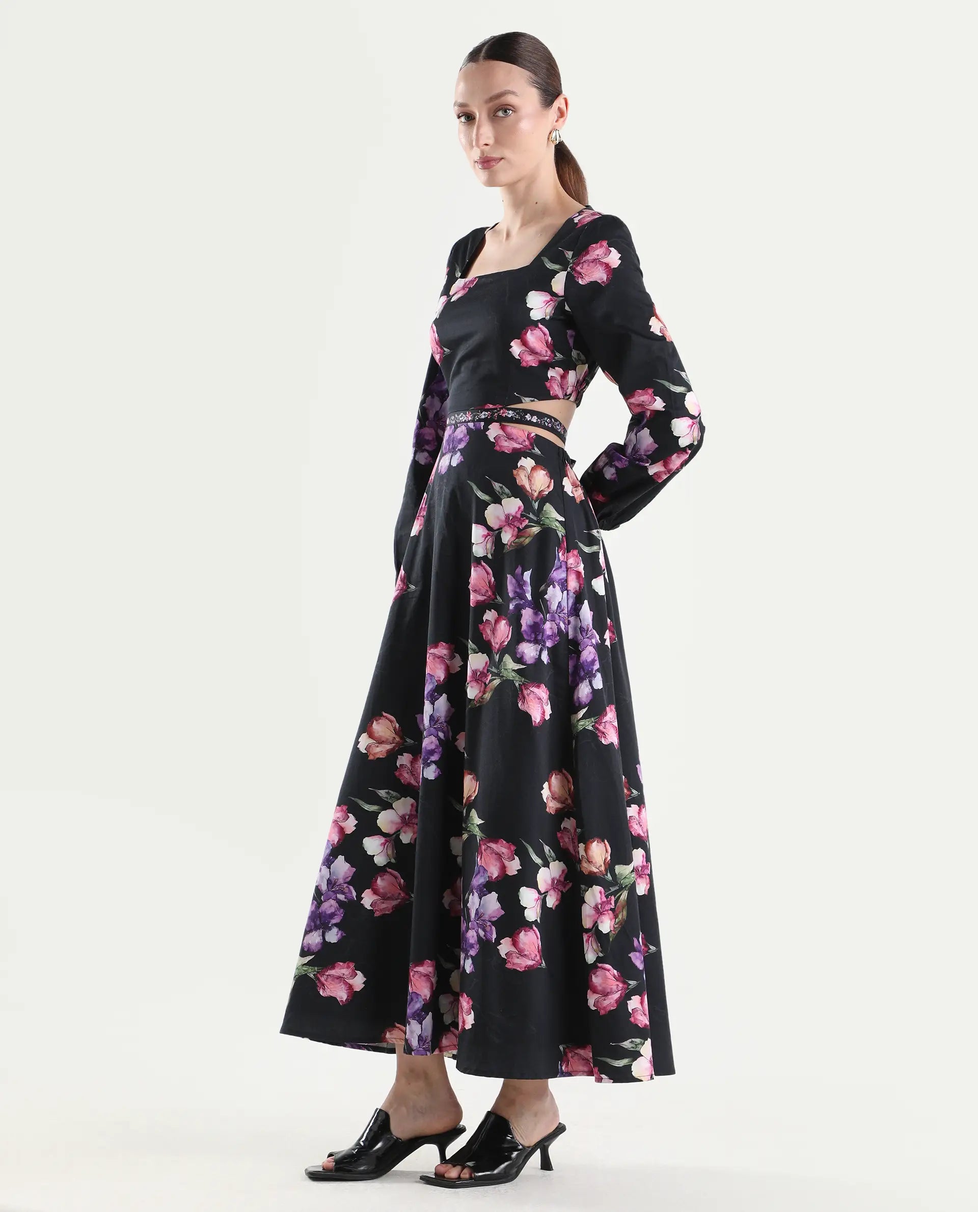Rareism Women's Cally Black Cotton Full Sleeve Fit And Flare Floral Print Dress