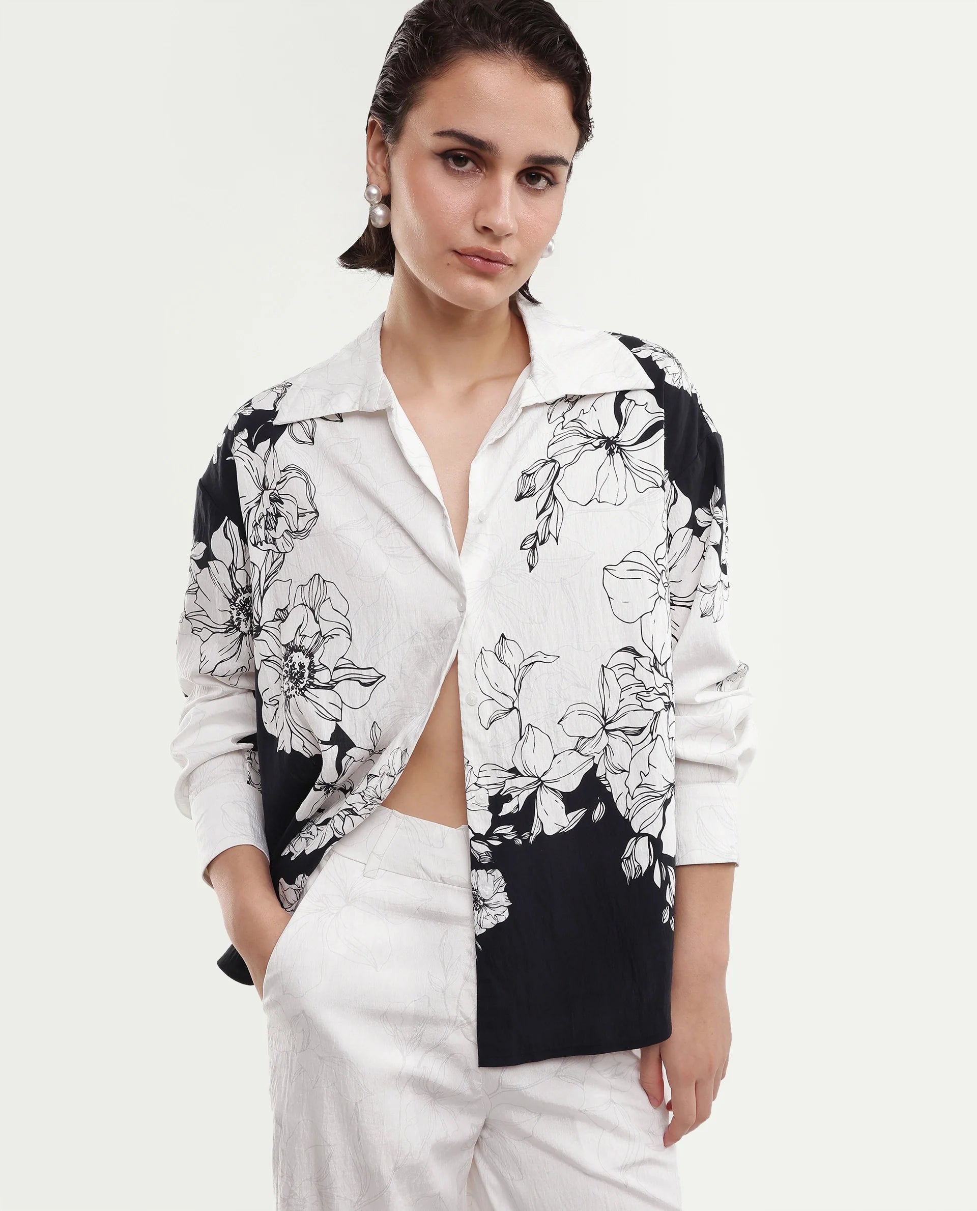 Rareism Women's Camiya-T White Viscose Blend Full Sleeve Boxy Printed Shirt