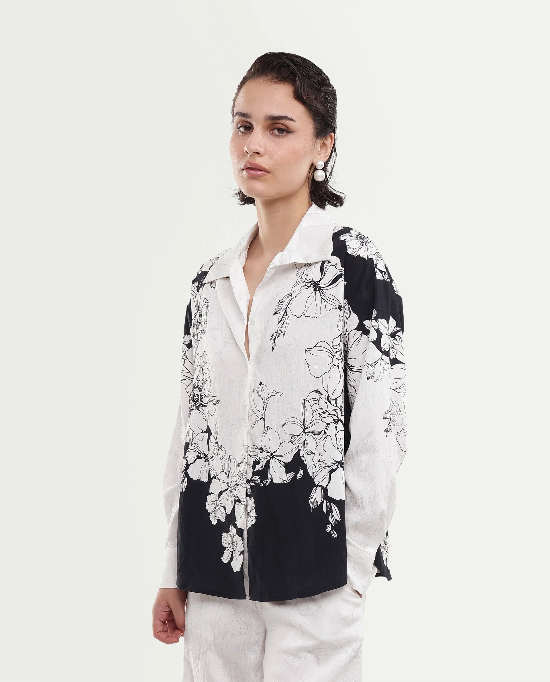 Rareism Women's Camiya-T White Viscose Blend Full Sleeve Boxy Printed Shirt