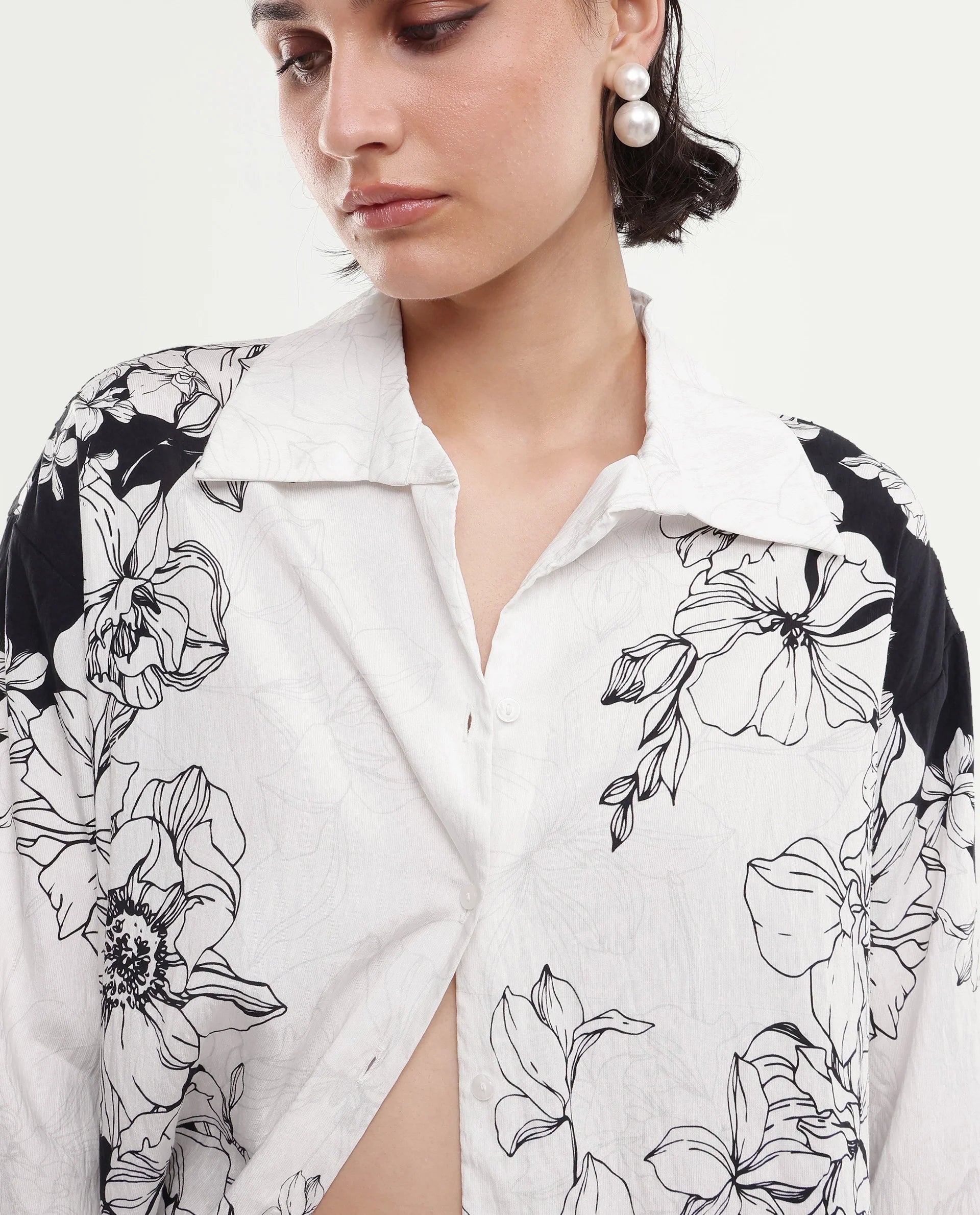 Rareism Women's Camiya-T White Viscose Blend Full Sleeve Boxy Printed Shirt
