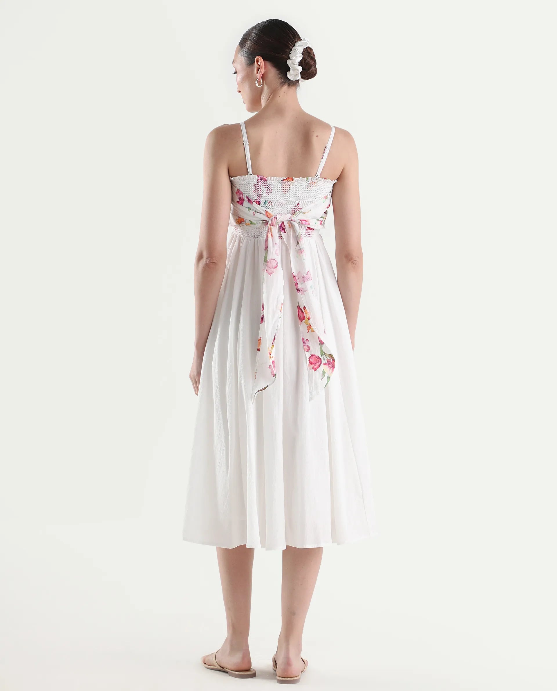 Rareism Women's Ceana Off White Cotton Sleeveless Fit And Flare Floral Print Dress