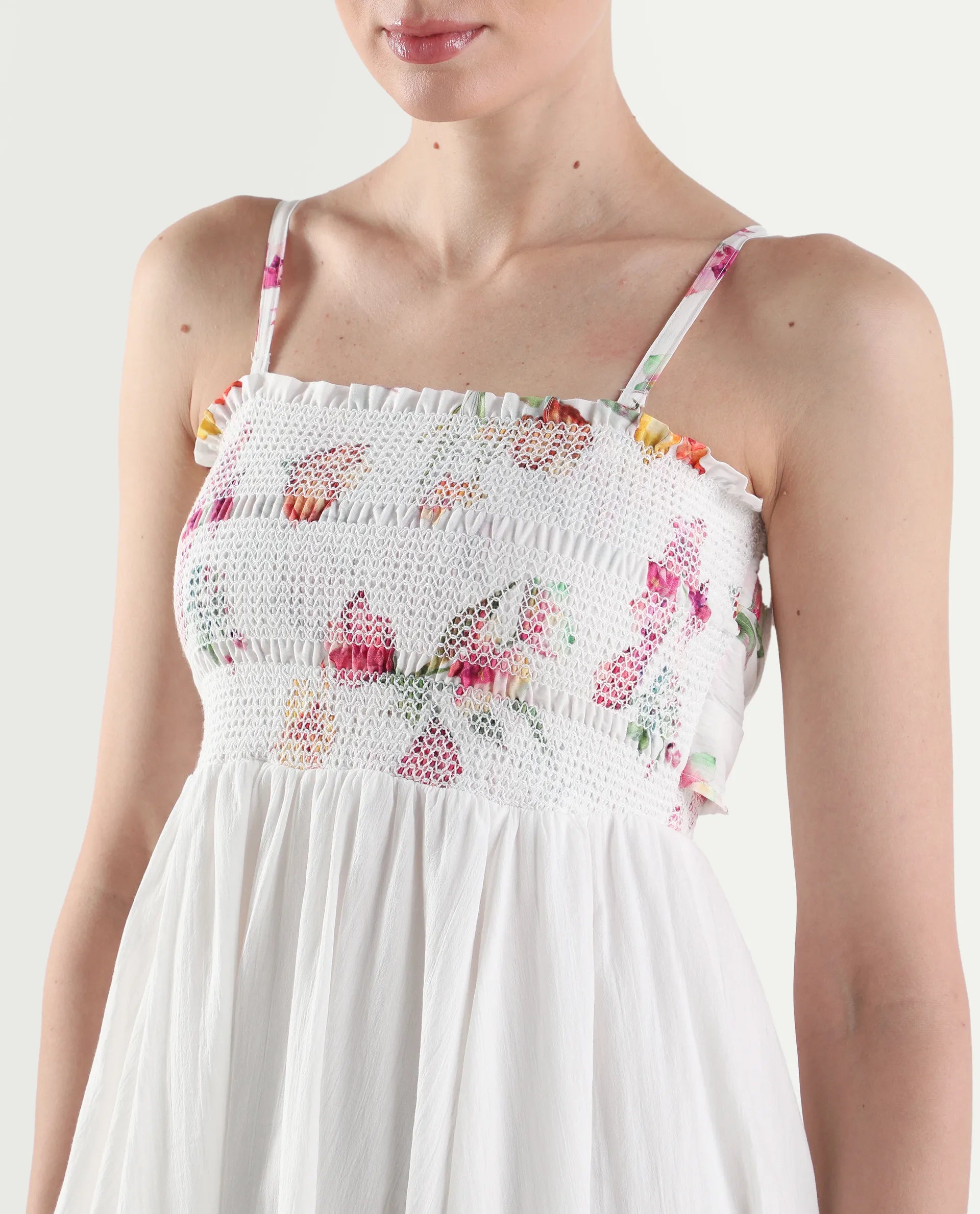 Rareism Women's Ceana Off White Cotton Sleeveless Fit And Flare Floral Print Dress