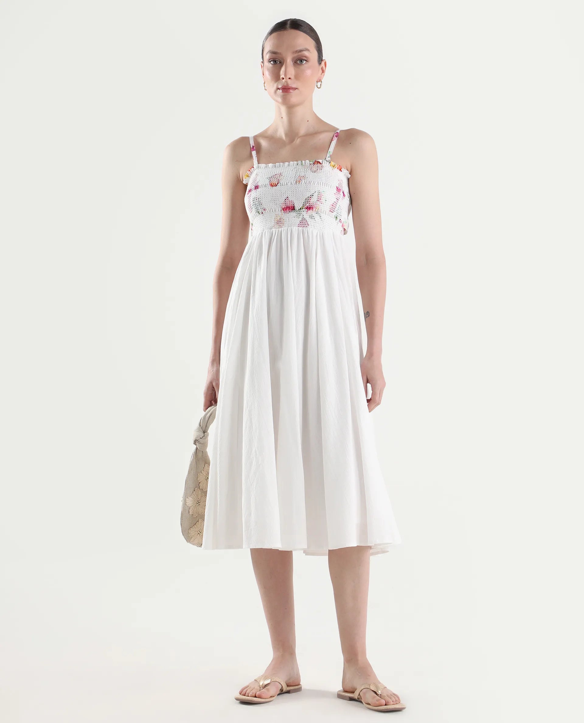 Rareism Women's Ceana Off White Cotton Sleeveless Fit And Flare Floral Print Dress