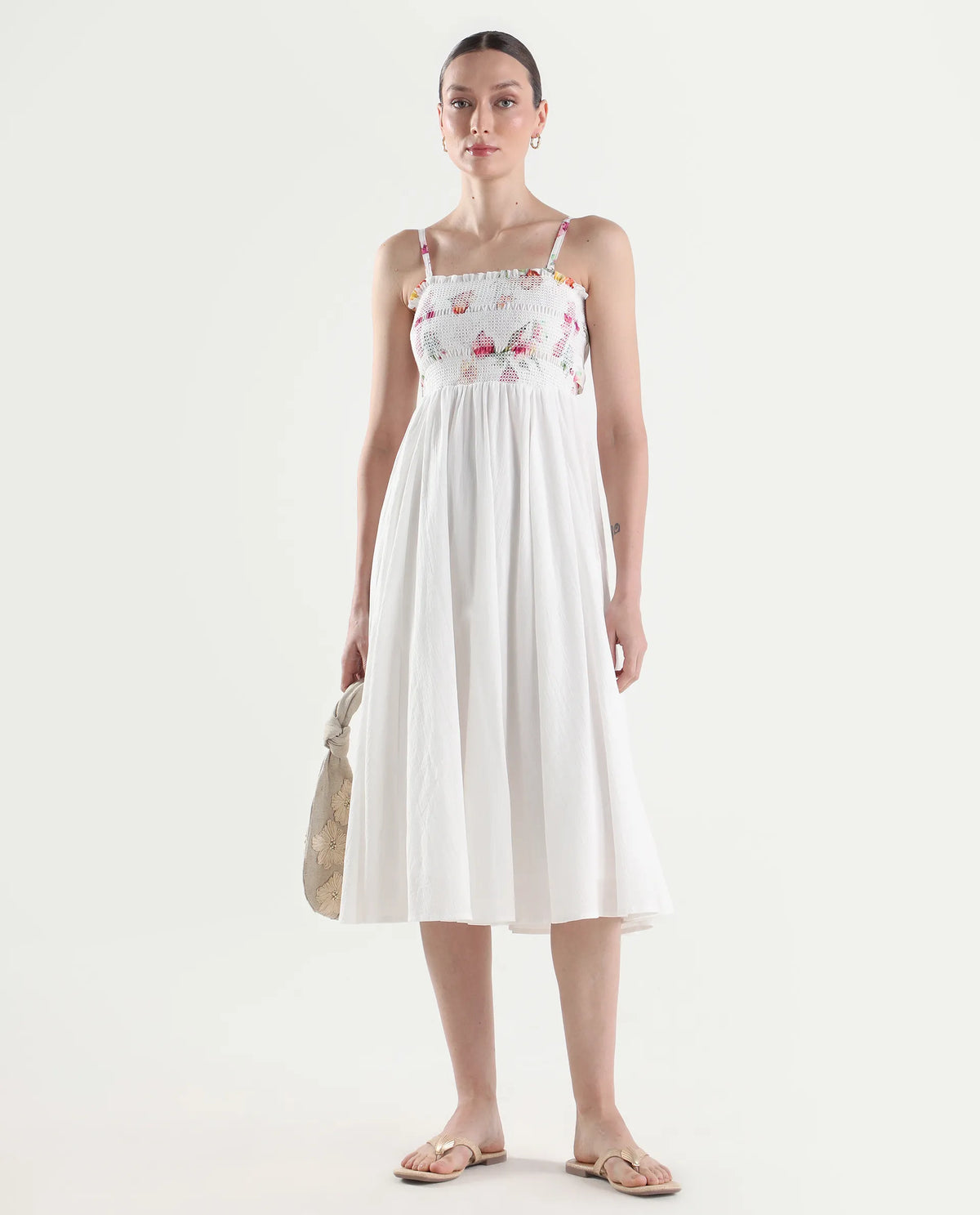 Rareism Women's Ceana Off White Cotton Sleeveless Fit And Flare Floral Print Dress
