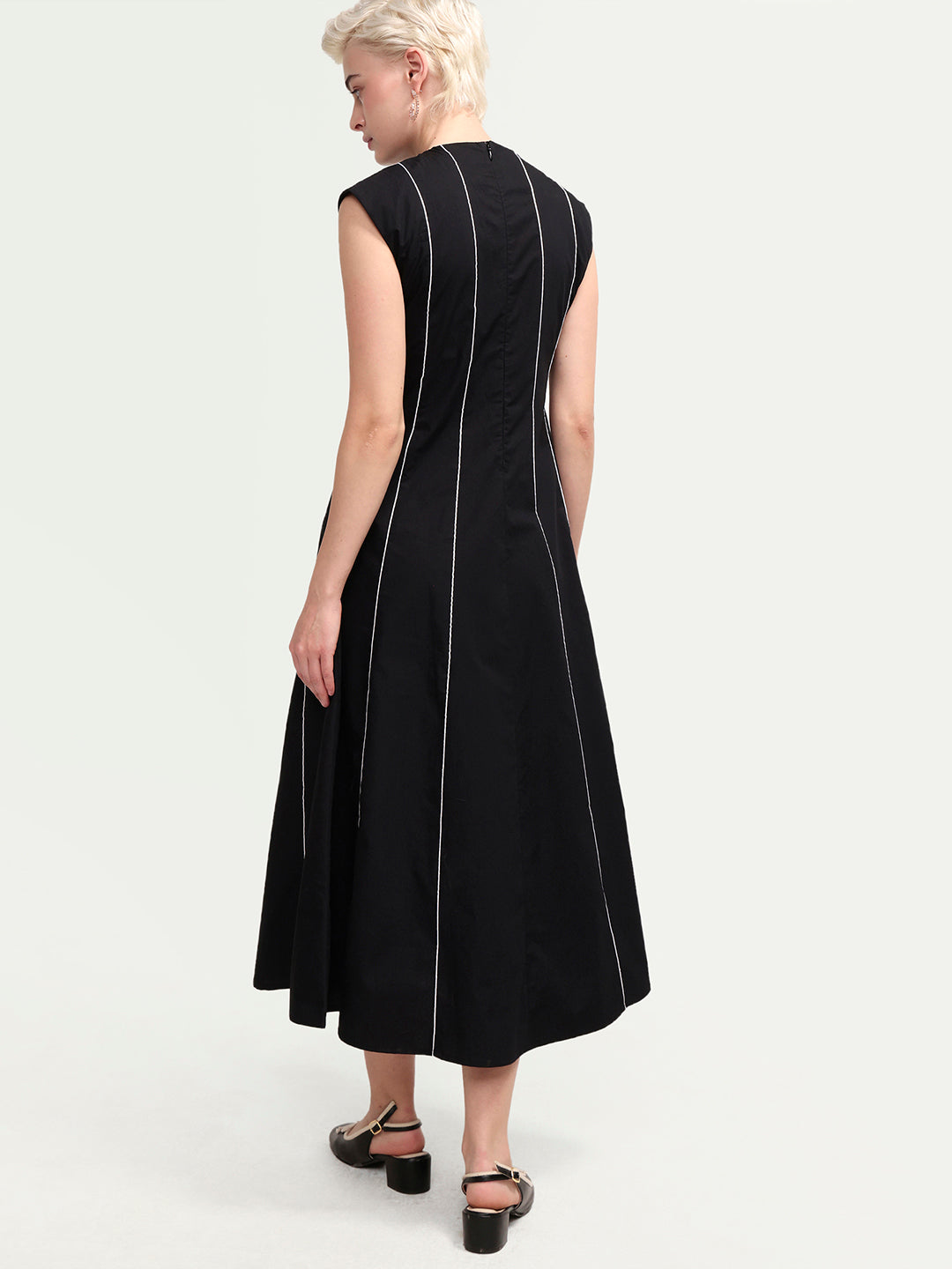 Rareism Women's Celia Black Cotton Sleeveless A-Line Plain Dress