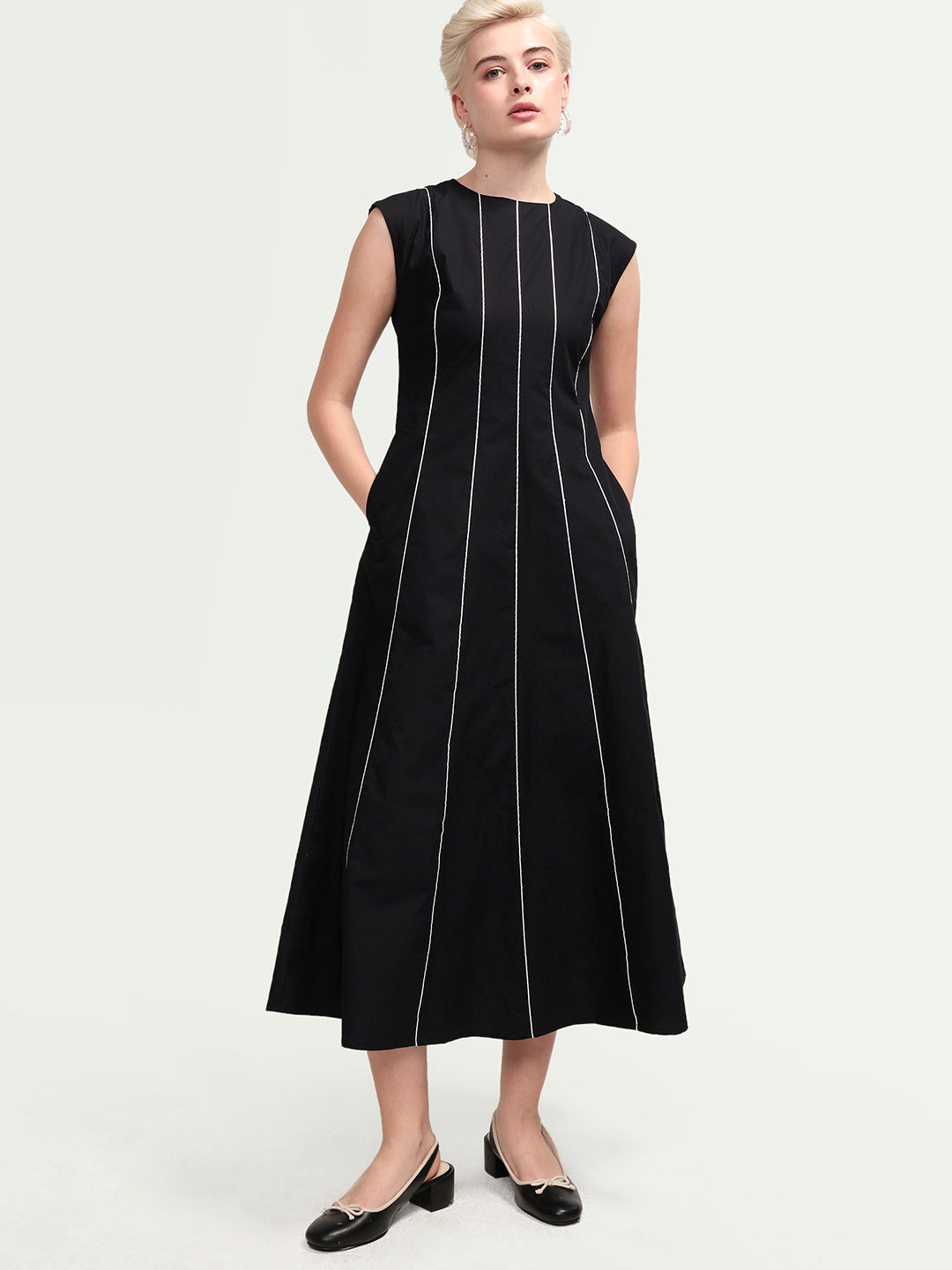 Rareism Women's Celia Black Cotton Sleeveless A-Line Plain Dress