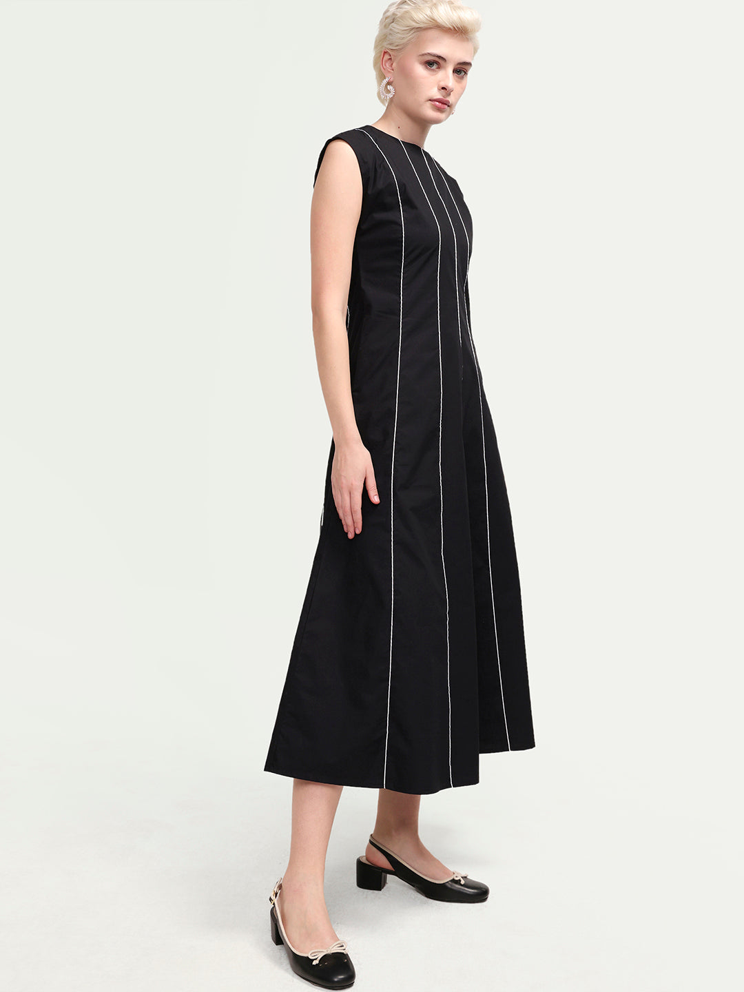 Rareism Women's Celia Black Cotton Sleeveless A-Line Plain Dress