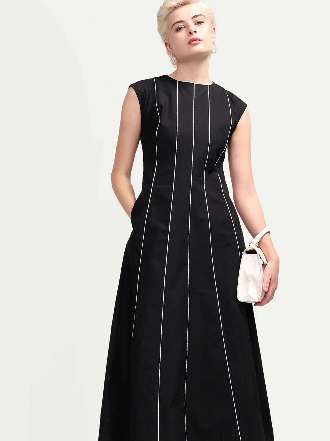 Rareism Women's Celia Black Cotton Sleeveless A-Line Plain Dress