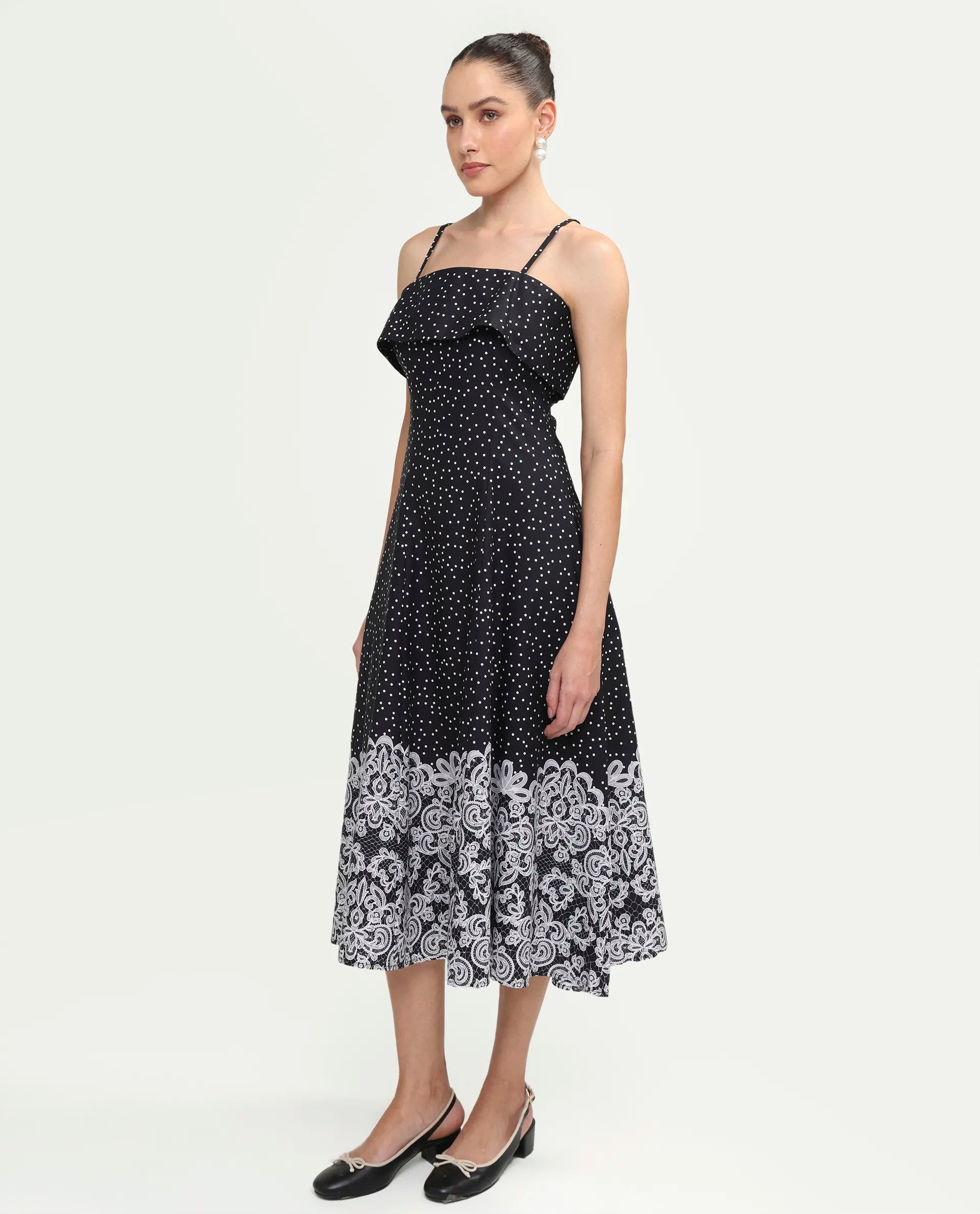 Rareism Women's Cerah Black Cotton Sleeveless A-Line Polka Print Dress