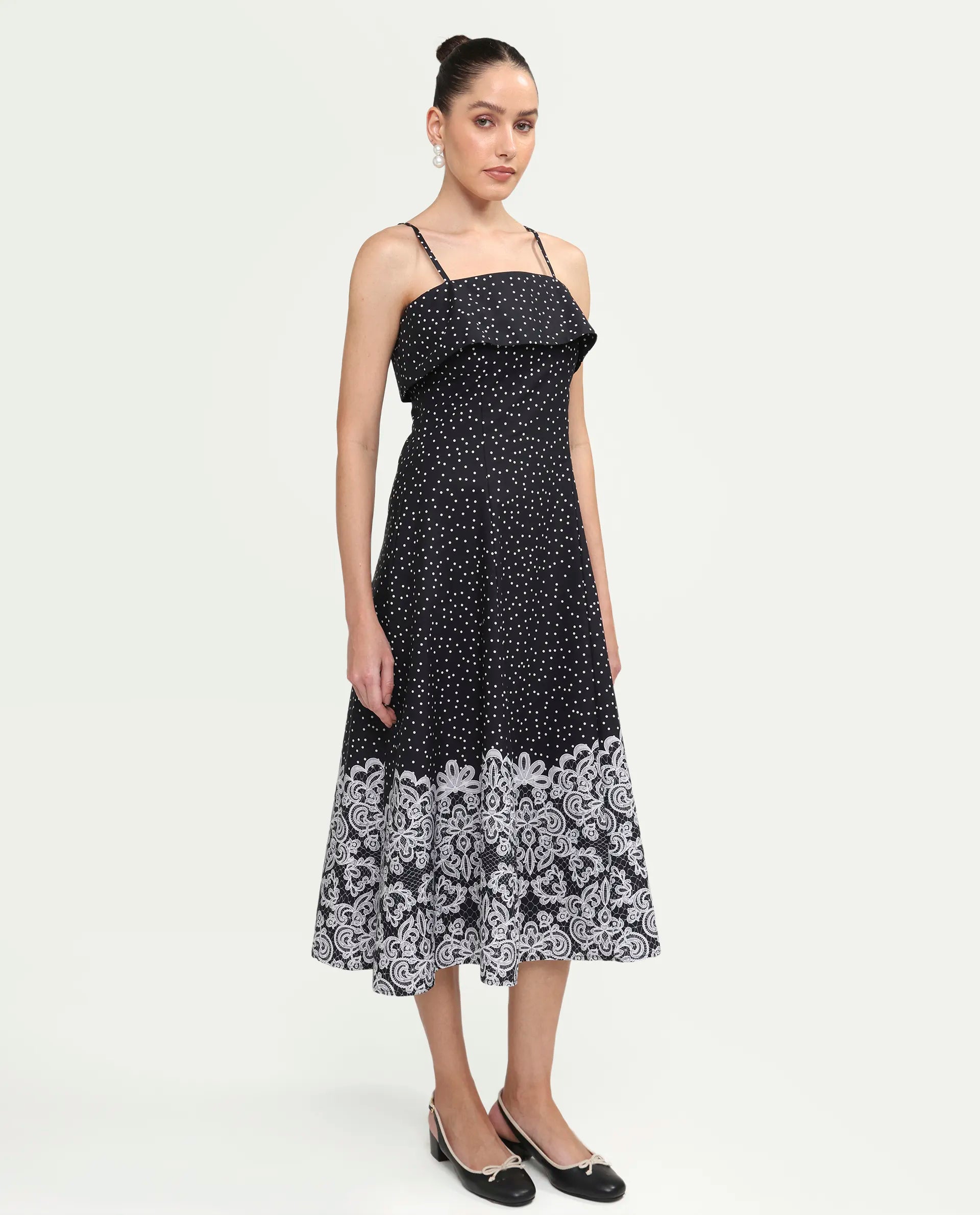 Rareism Women's Cerah Black Cotton Sleeveless A-Line Polka Print Dress