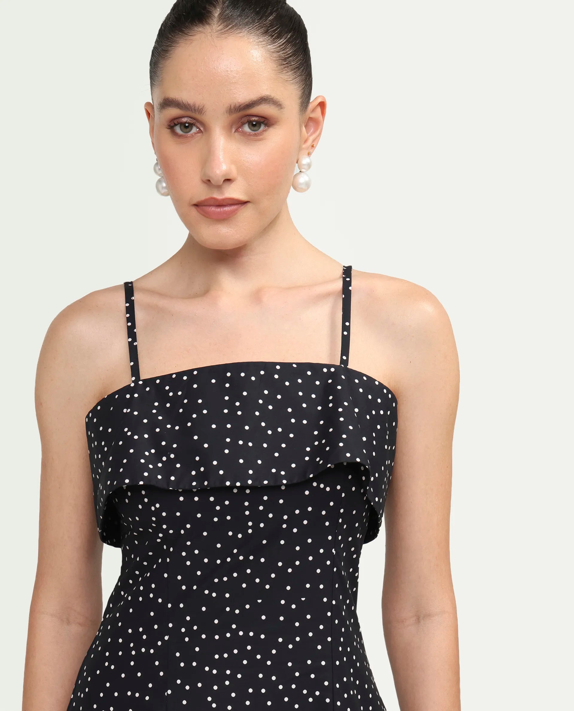 Rareism Women's Cerah Black Cotton Sleeveless A-Line Polka Print Dress