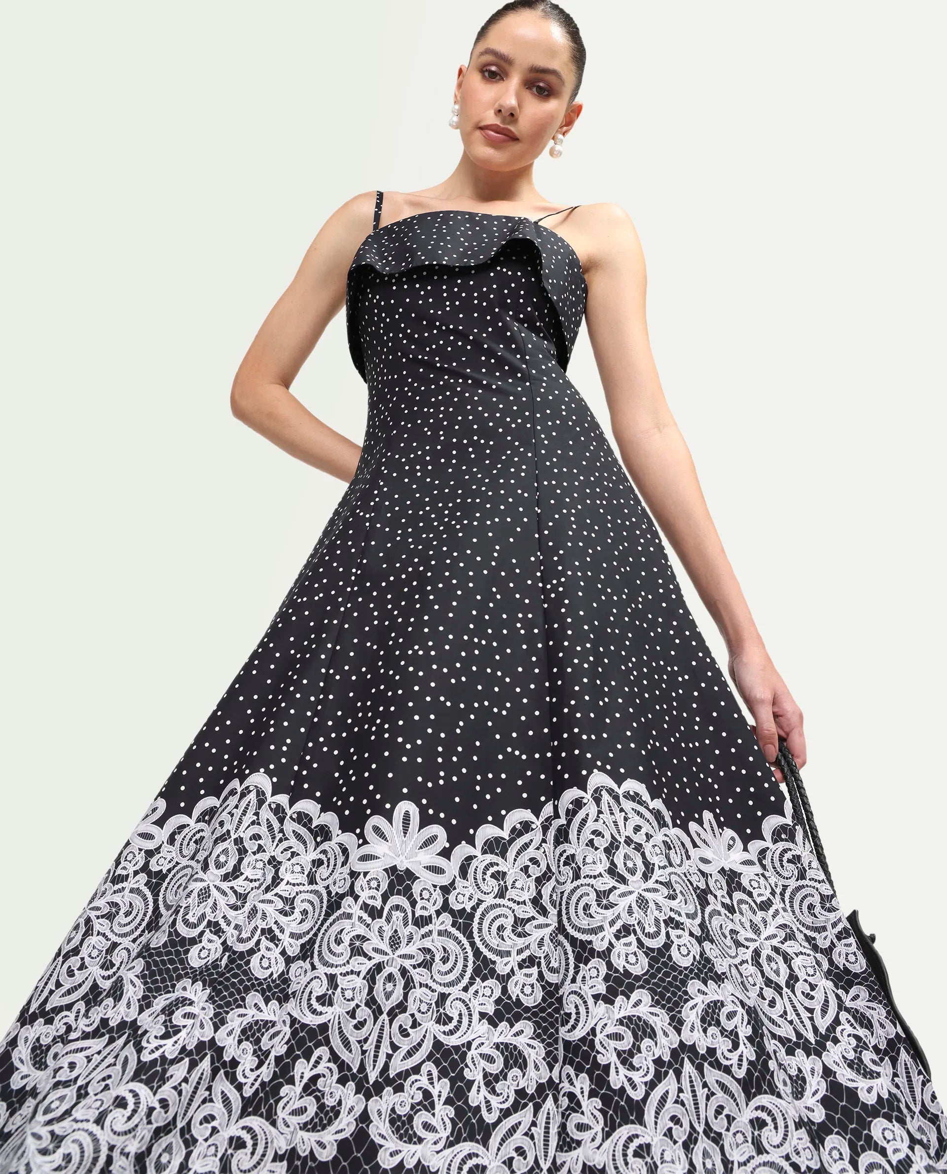 Rareism Women's Cerah Black Cotton Sleeveless A-Line Polka Print Dress