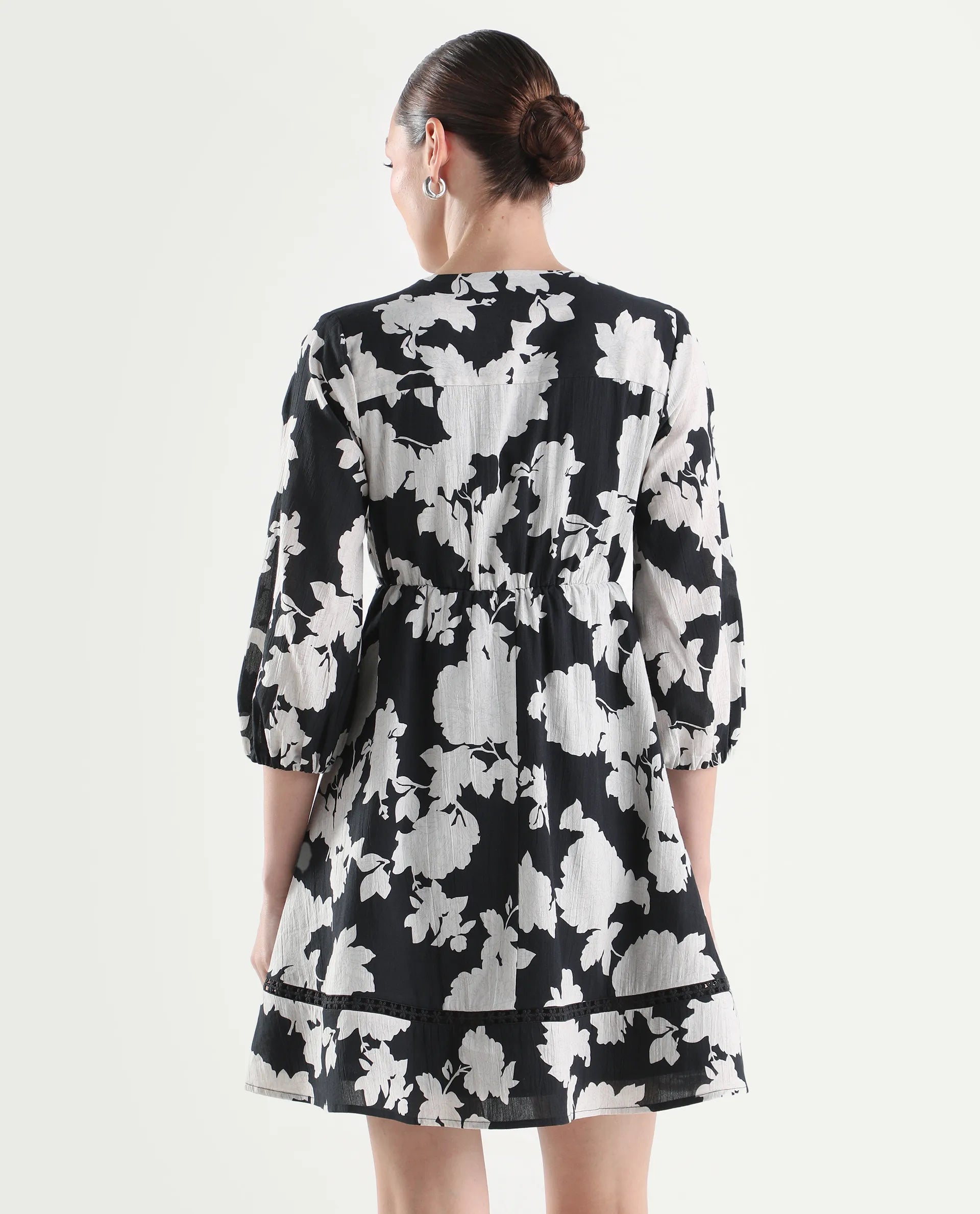 Rareism Women's Cezar Black Cotton 3/4Th Sleeve Flared Printed Dress