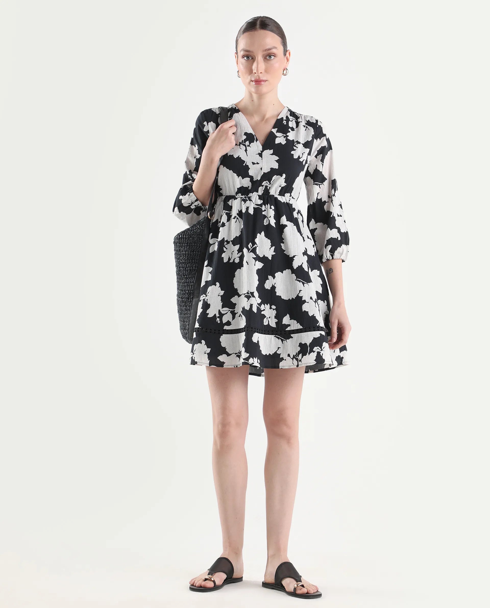 Rareism Women's Cezar Black Cotton 3/4Th Sleeve Flared Printed Dress