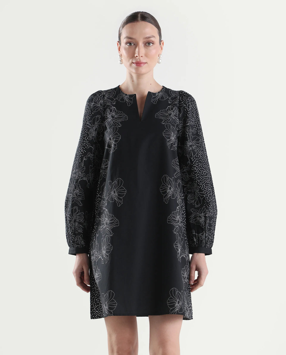 Rareism Women's Ciana Black Cotton Full Sleeve Relaxed Fit Floral Print Dress