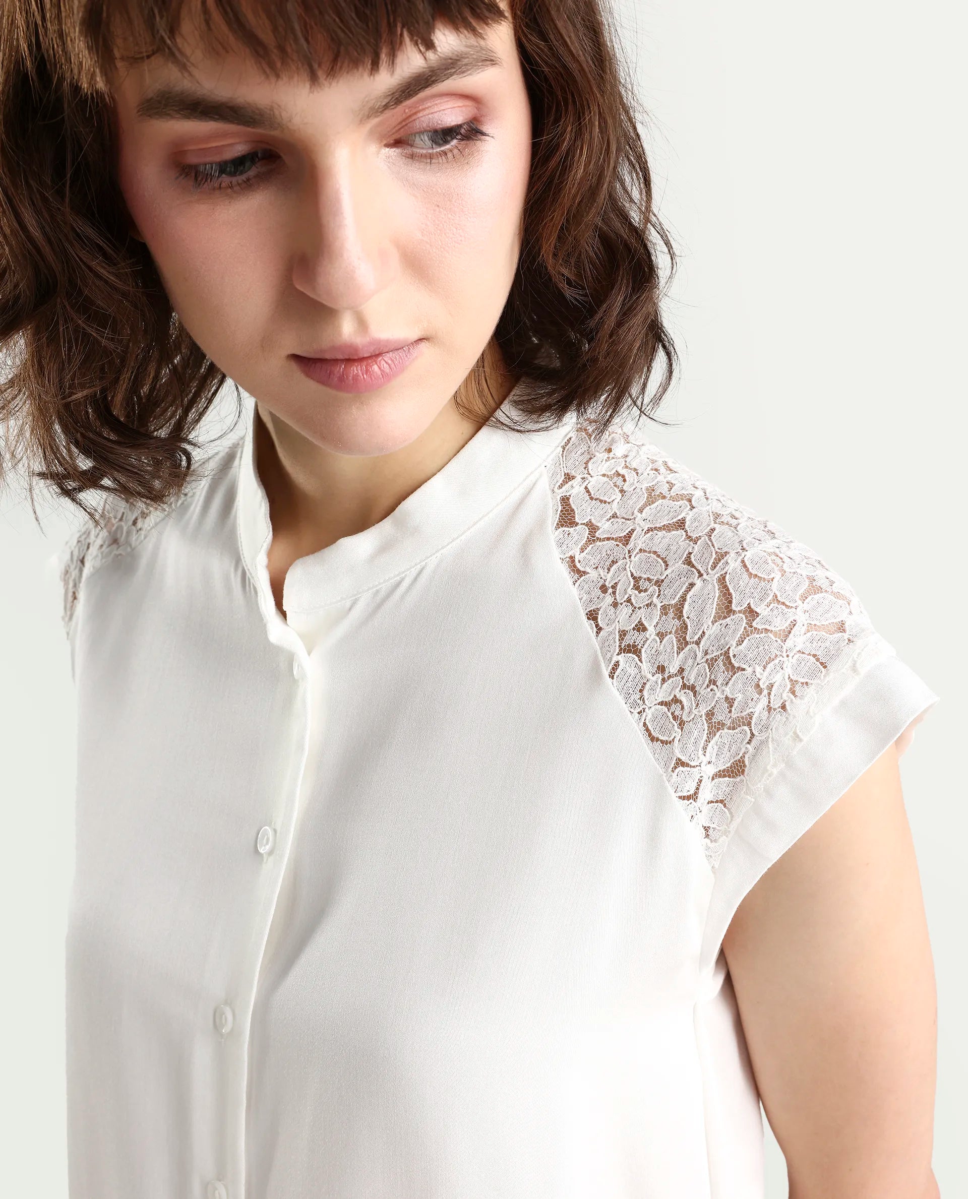 Rareism Women's Cida Off White Cotton Satin Half Sleeve Regular Fit Plain Top