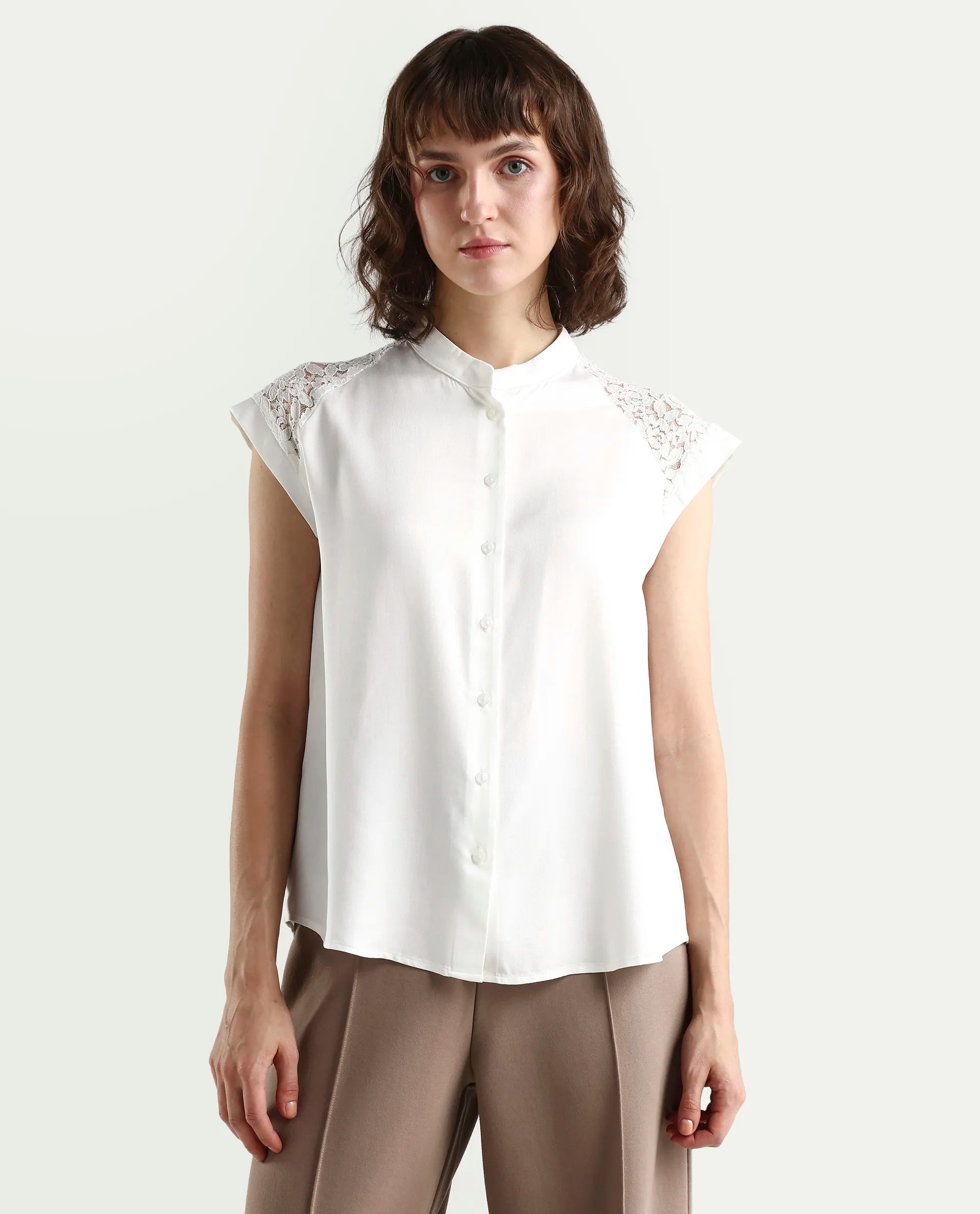 Rareism Women's Cida Off White Cotton Satin Half Sleeve Regular Fit Plain Top