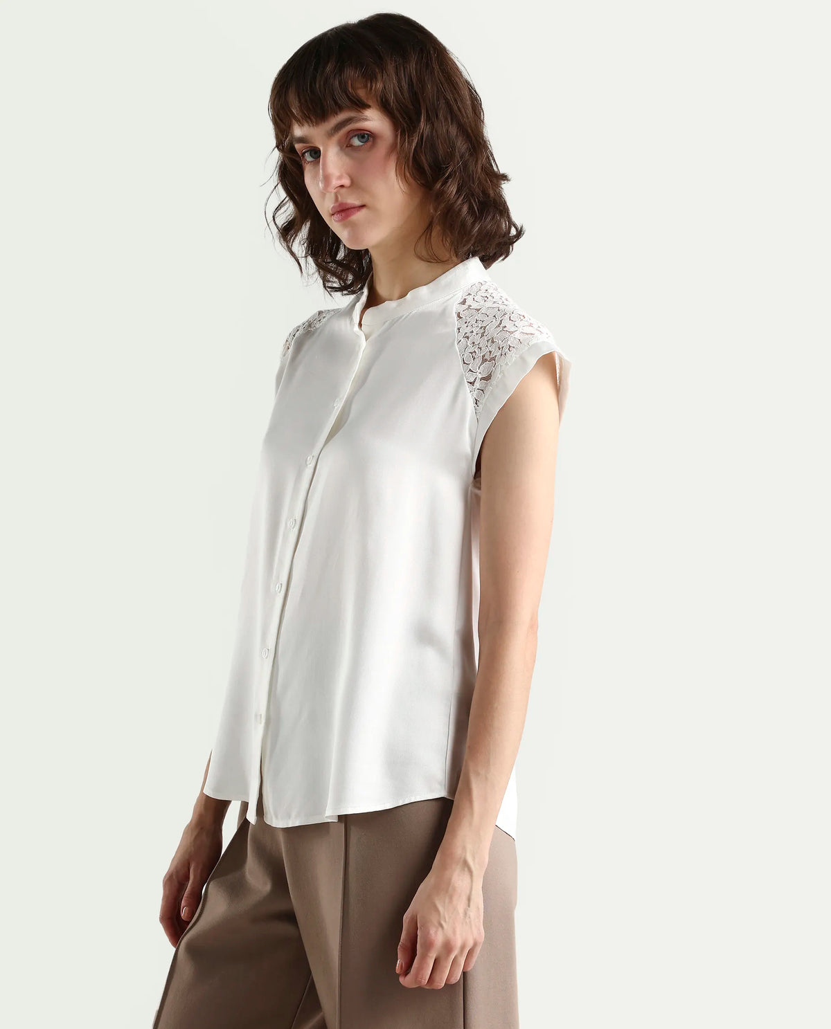 Rareism Women's Cida Off White Cotton Satin Half Sleeve Regular Fit Plain Top
