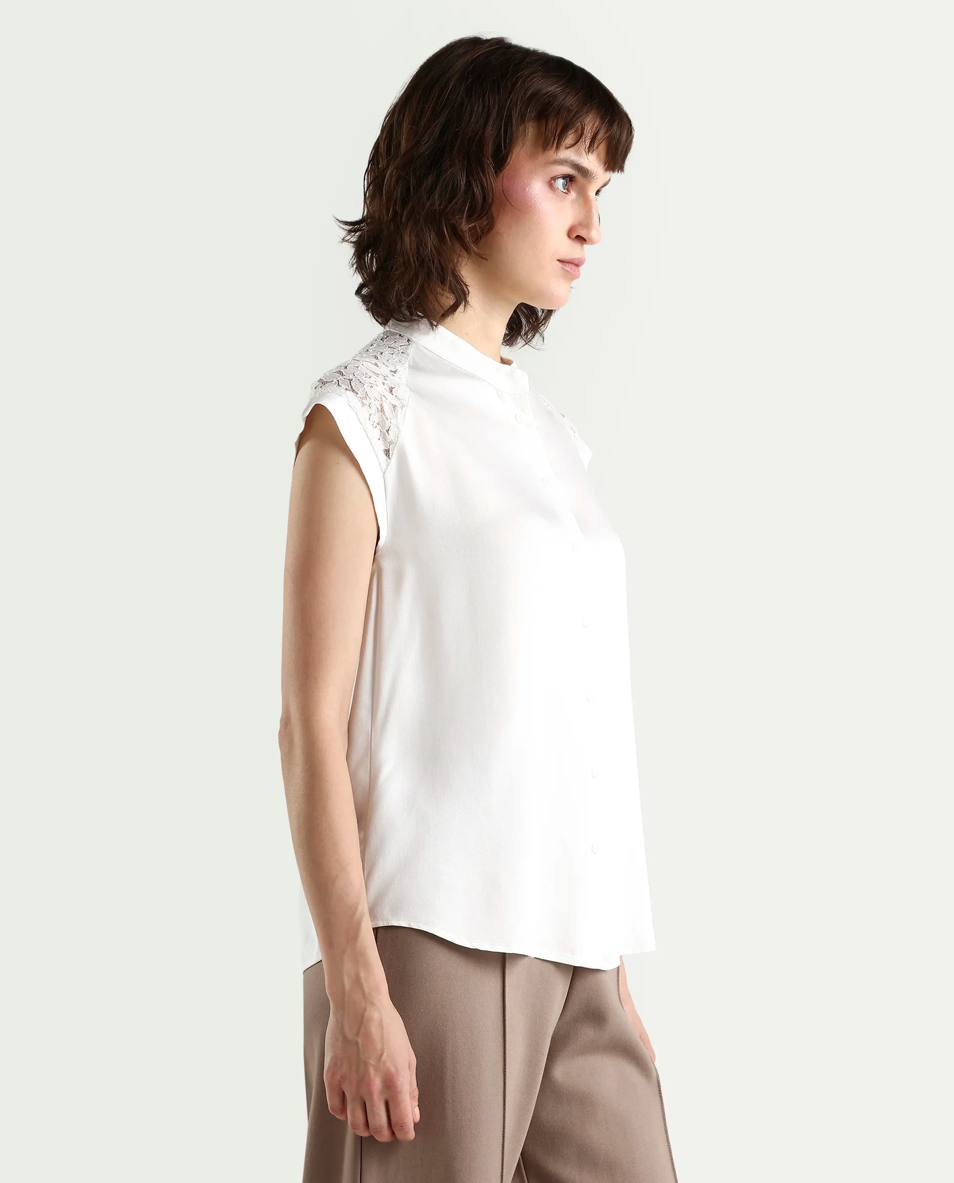 Rareism Women's Cida Off White Viscose Blend Half Sleeve Regular Fit Plain Top