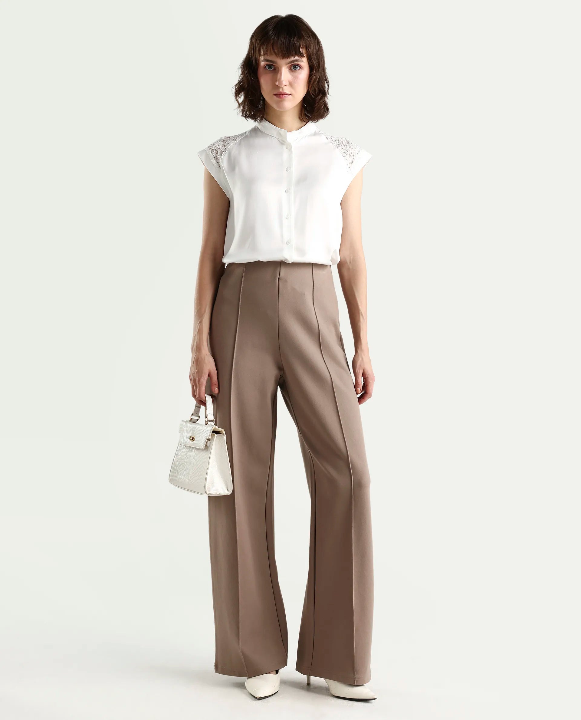 Rareism Women's Cida Off White Viscose Blend Half Sleeve Regular Fit Plain Top
