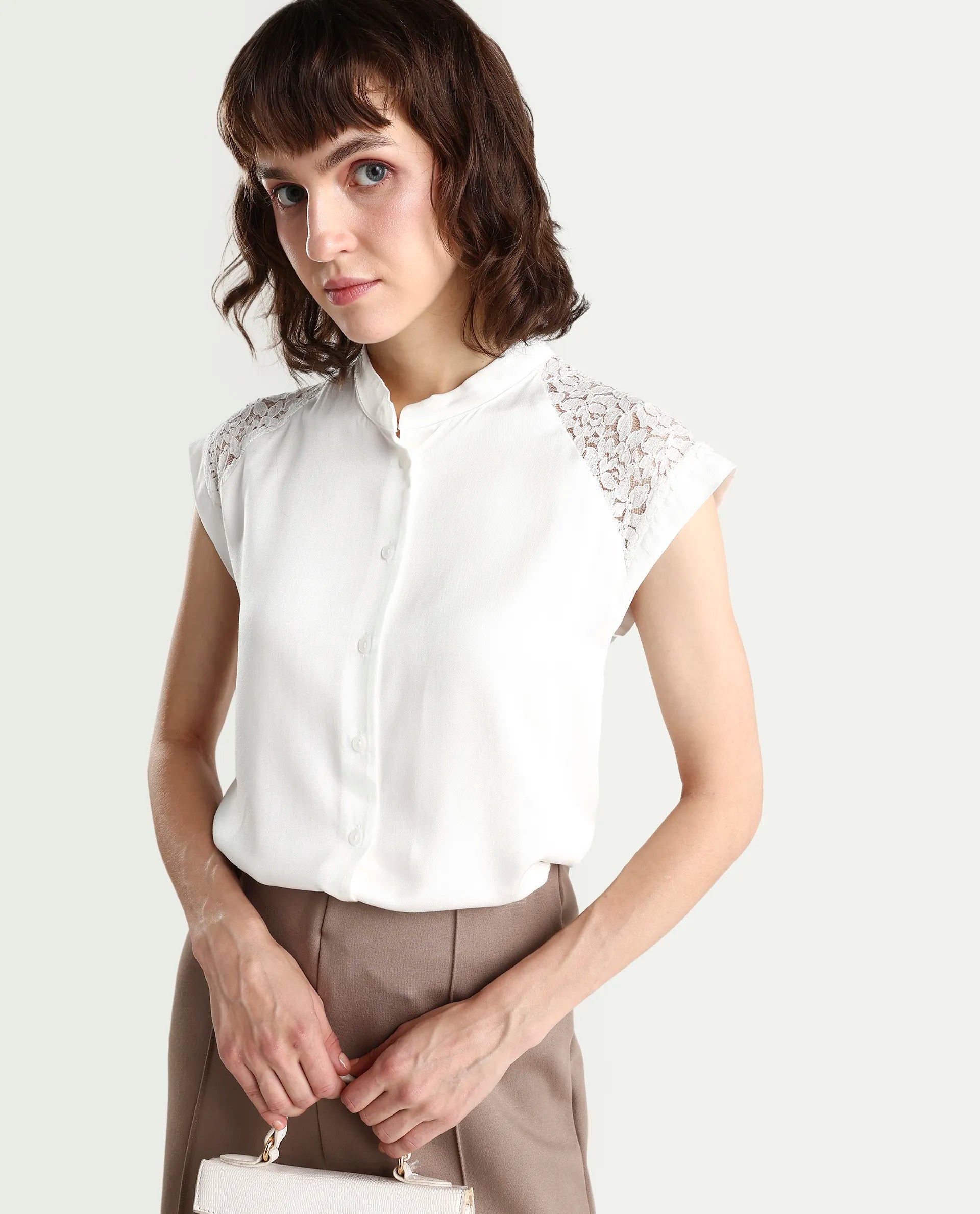 Rareism Women's Cida Off White Viscose Blend Half Sleeve Regular Fit Plain Top