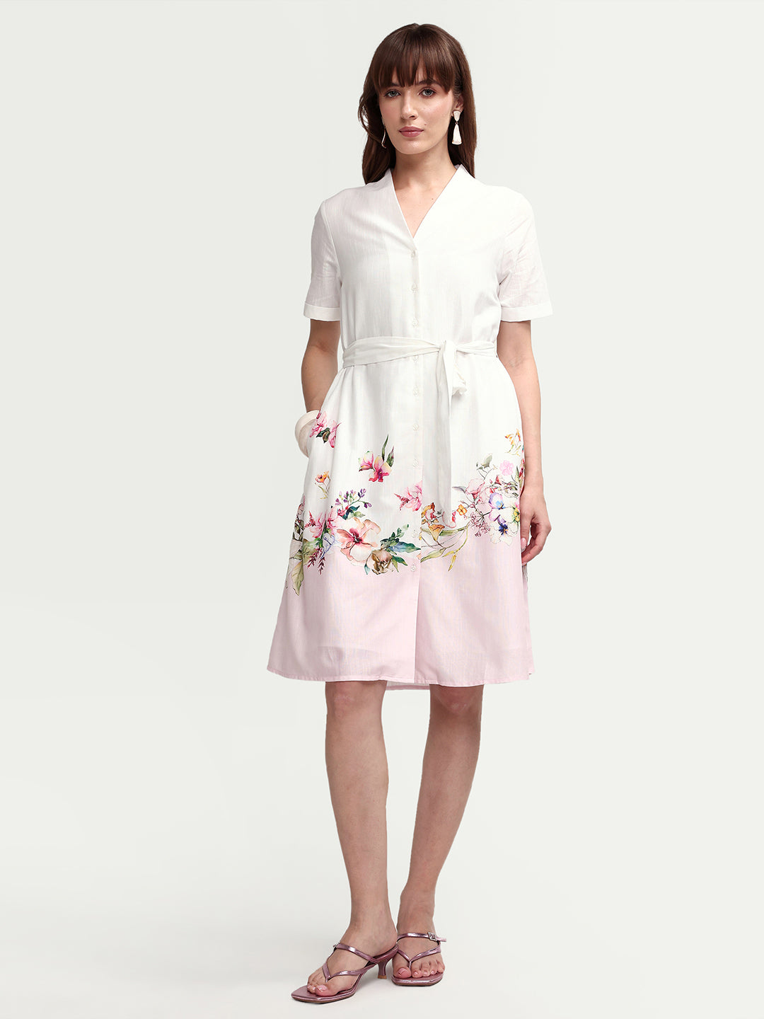 Rareism Women's Cilian White Cotton Blend Half Sleeve A-Line Floral Print Dress